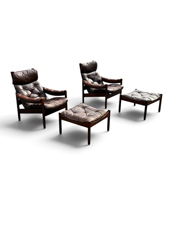 Pair of J.M. Birking Danish Modern Rosewood & Leather Reclining Lounge Chairs with Ottomans, c. 1970