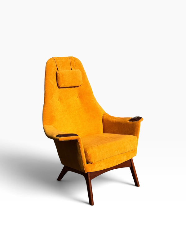 Adrian Pearsall high-back lounge chair in golden yellow upholstery, three-quarter view