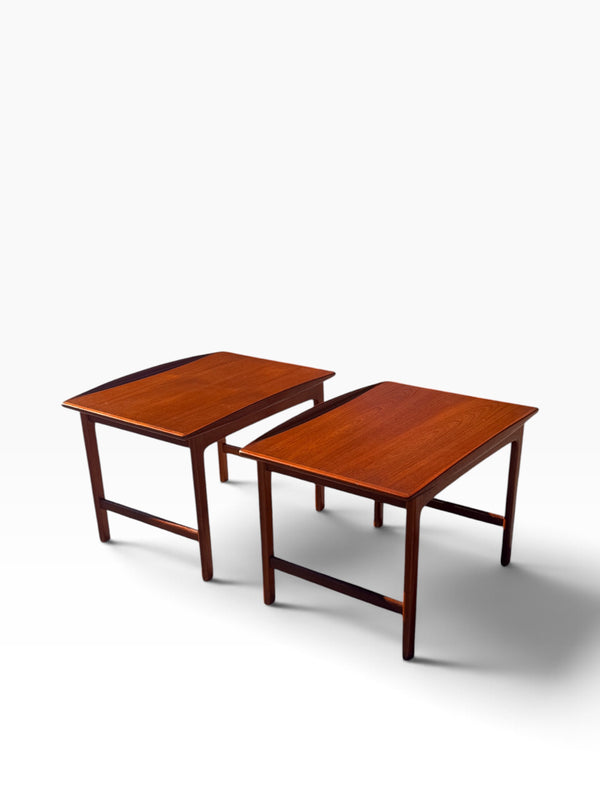 Pair of Folke Ohlsson for DUX teak surfboard end tables, three-quarter view