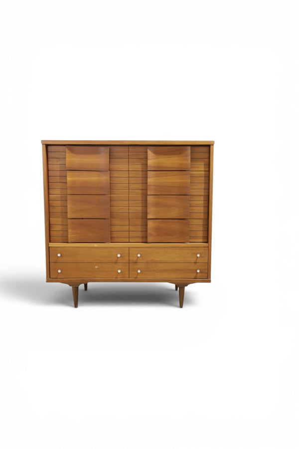 Johnson Carper mid-century walnut highboy dresser — front view