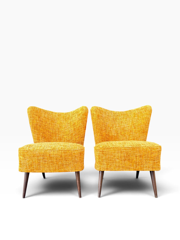 Pair of Danish modern cocktail chairs in golden mustard tweed, front view