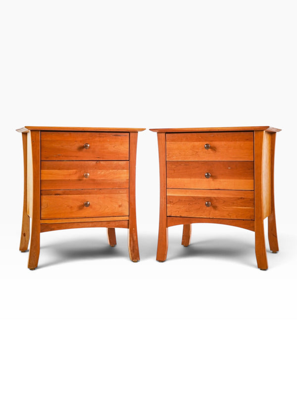 Pair of Thor's Elegance solid cherry three-drawer bedside tables, Vermont made, front view