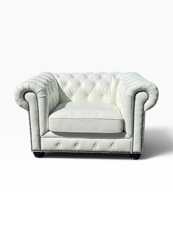 White leather tufted Chesterfield club chair, front view