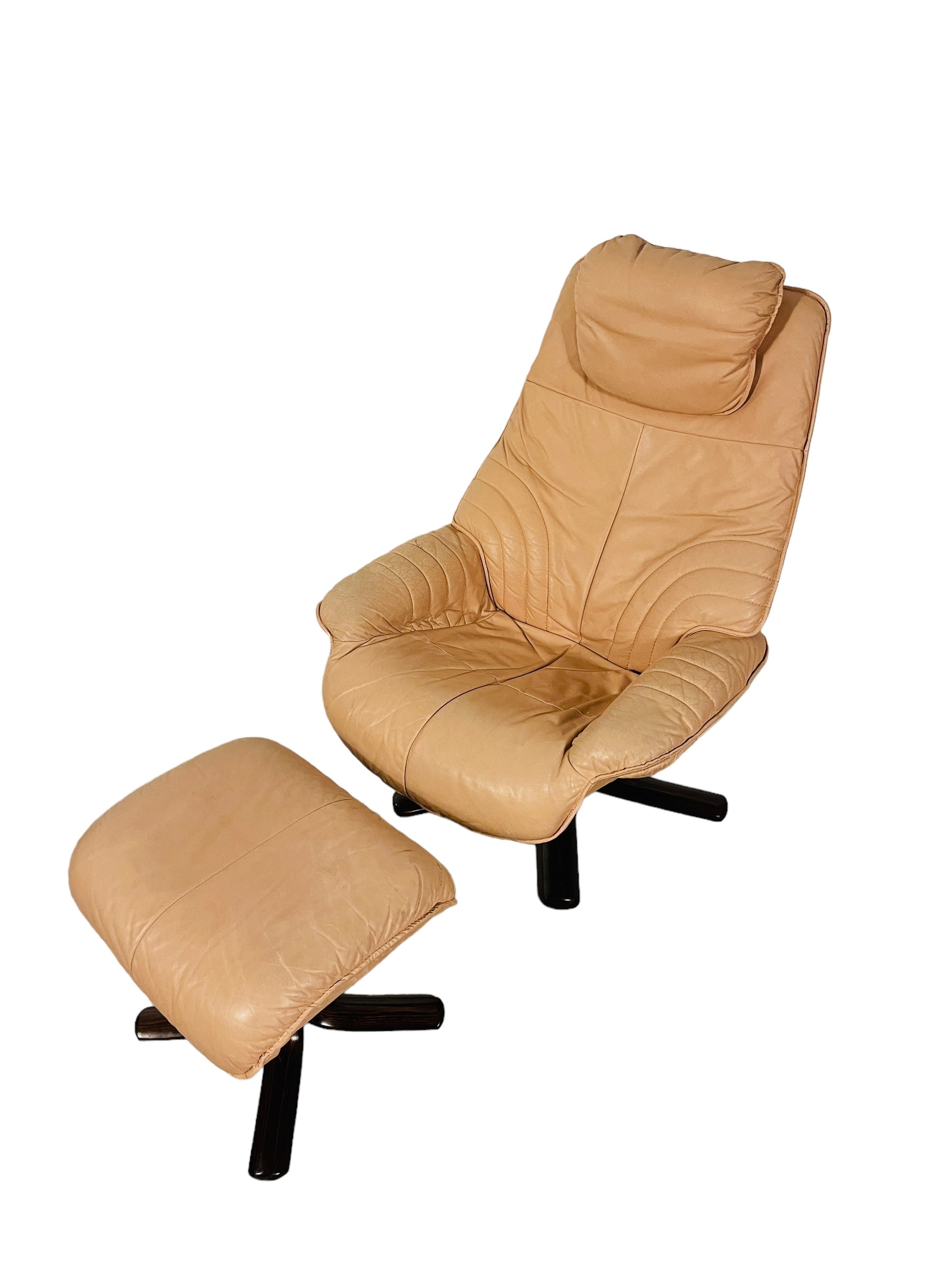 Vintage Champagne Leather Lounge Chair & Ottoman by Hjellegjerde Made in Norway image 1