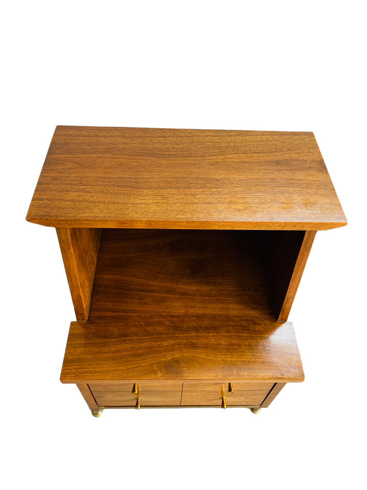 Pair Mid Century Modern Walnut Two Tiered Nightstands  image 10
