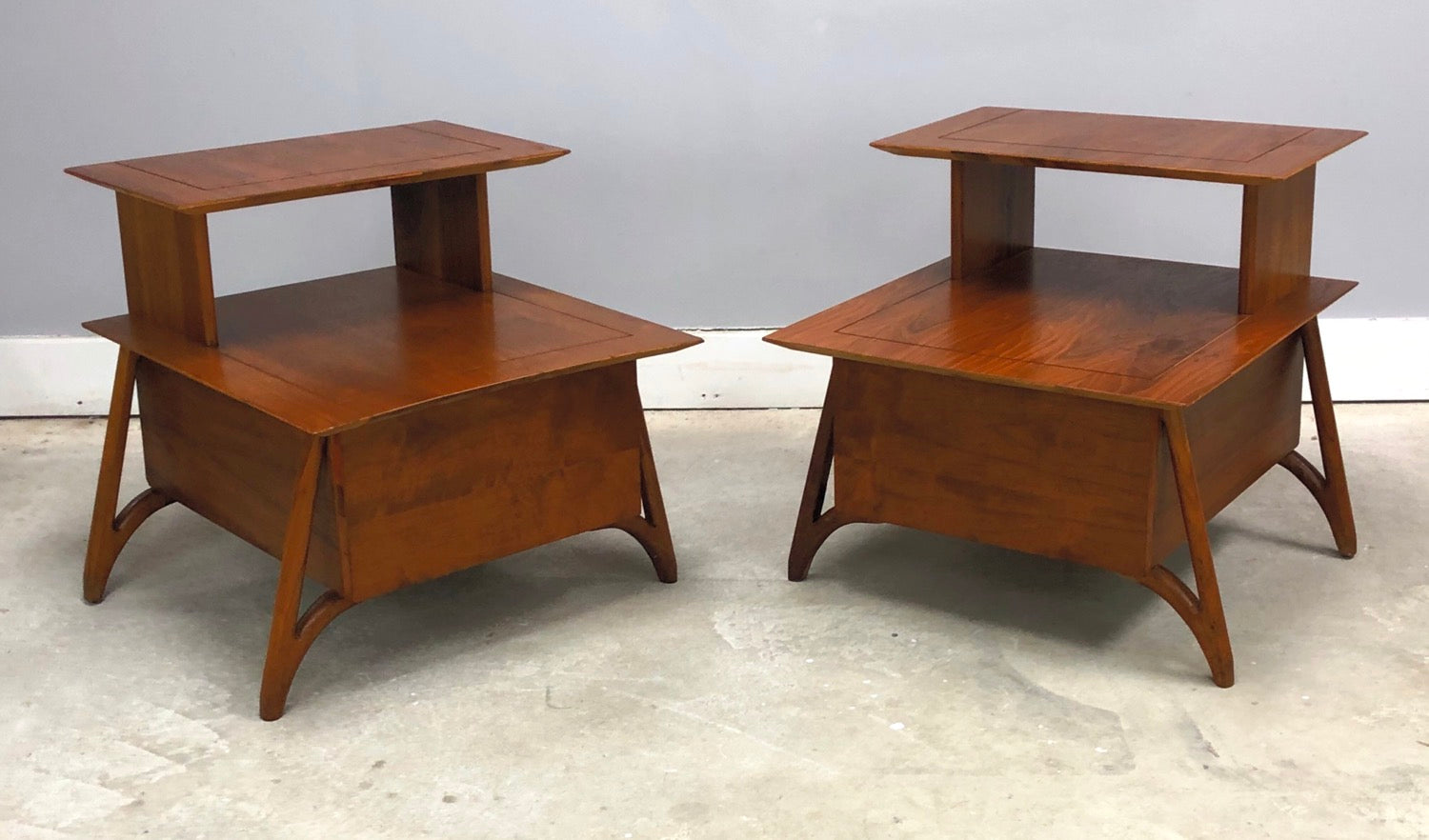MCM Pair Of Walnut Two Tier Nightstands On Sculpted Legs image 0