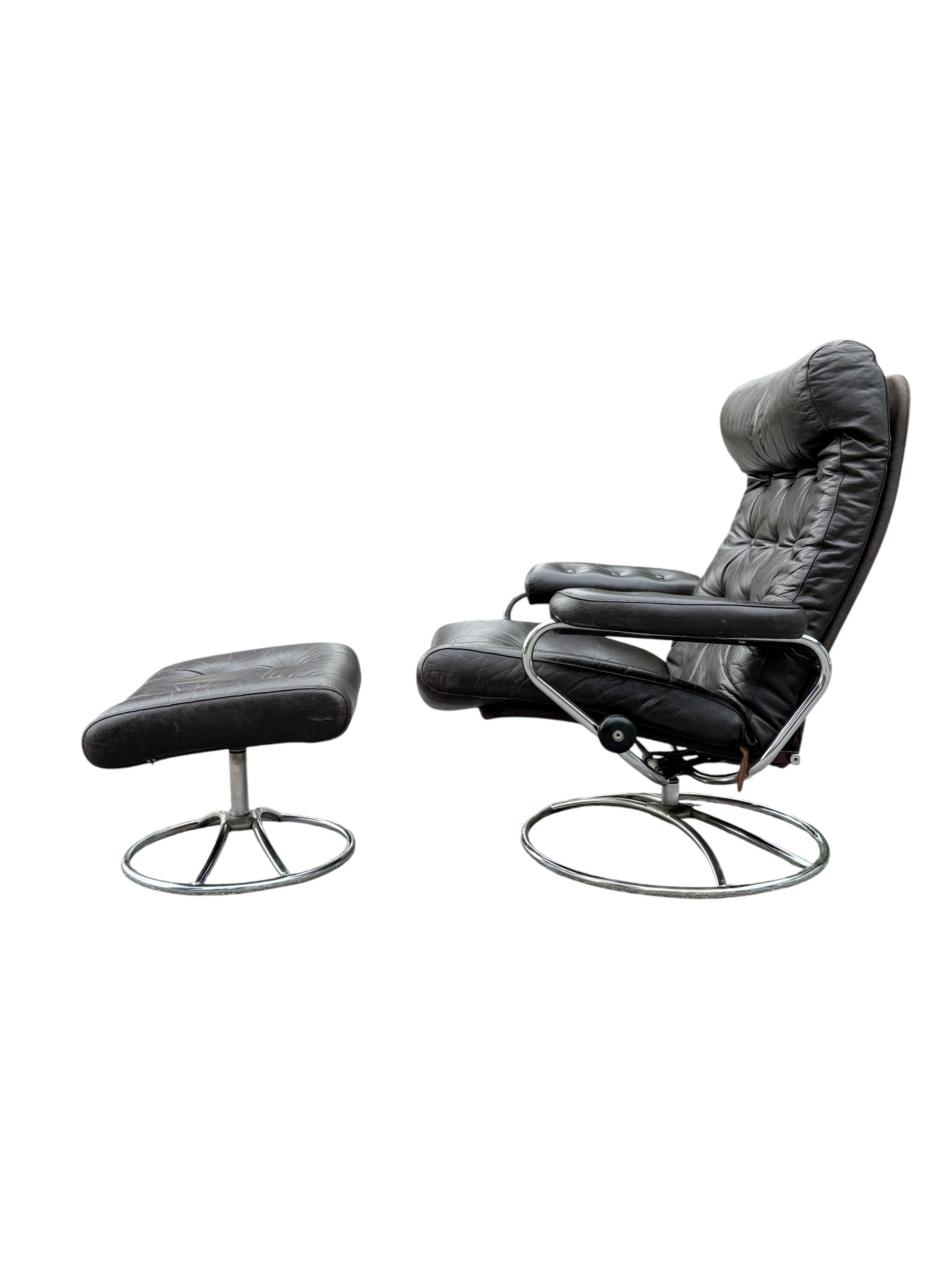 Vintage Ekornes Stressless Recliner & Ottoman – Mid Century Modern Chrome Base image 1