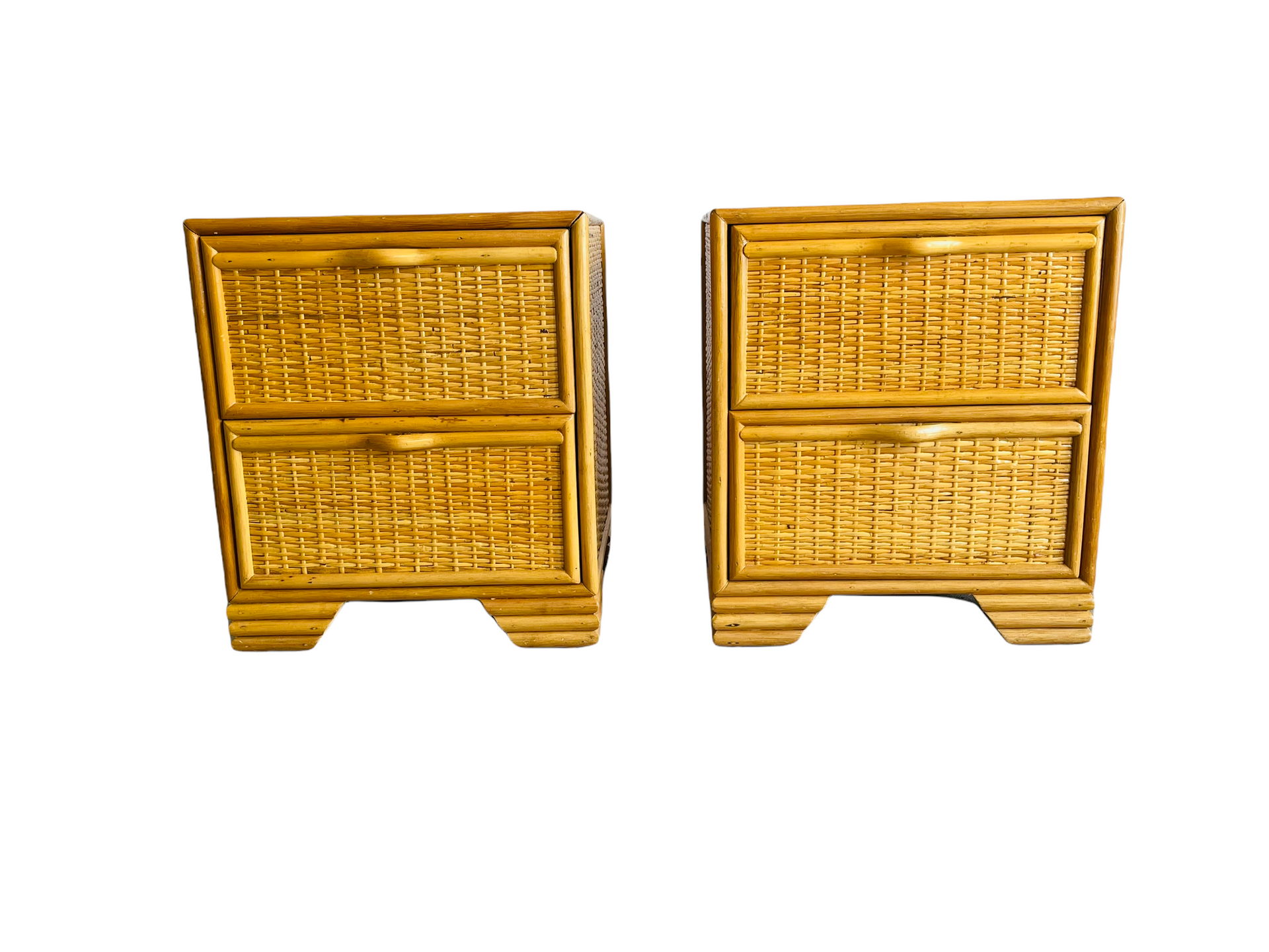 1970s Pair Spanish Lace Wicker & Bamboo Two Drawer Nightstands  image 1