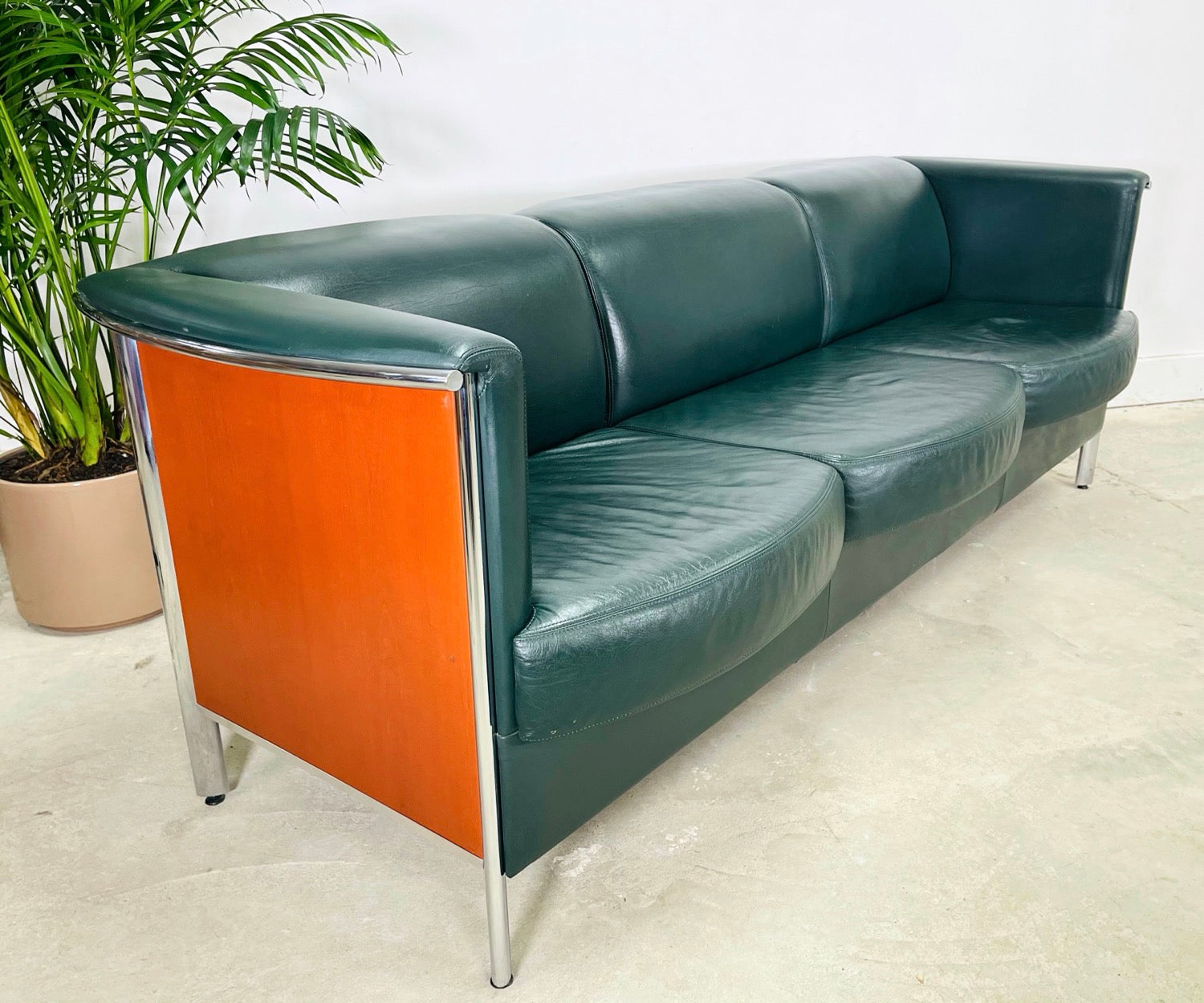 Vintage Teak & Chrome Office Leather Sofa image 0
