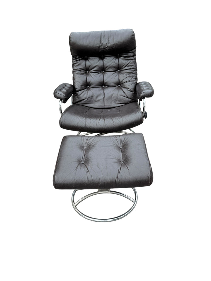 Vintage Ekornes Stressless Recliner & Ottoman – Mid Century Modern Chrome Base image 12