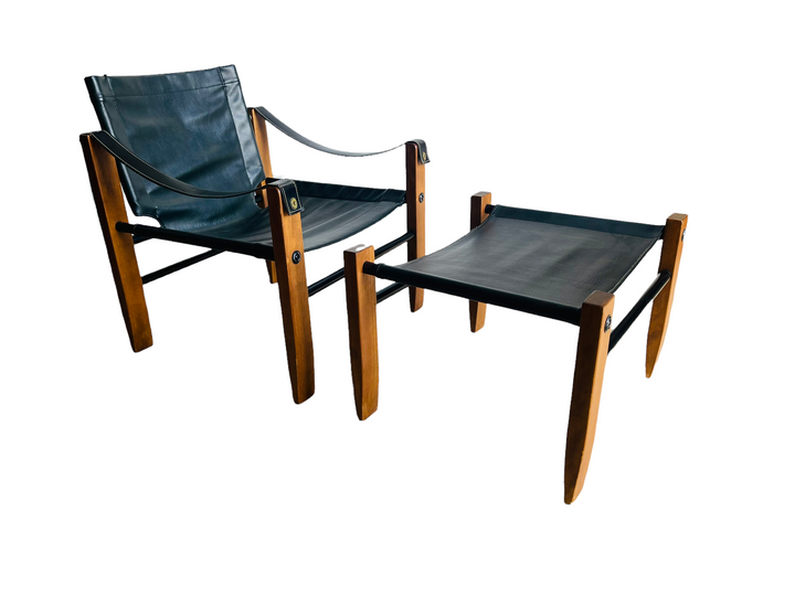 Mid-Century Modern Saddle Stitch Leather Safari Sling Chair & Ottoman  image 0