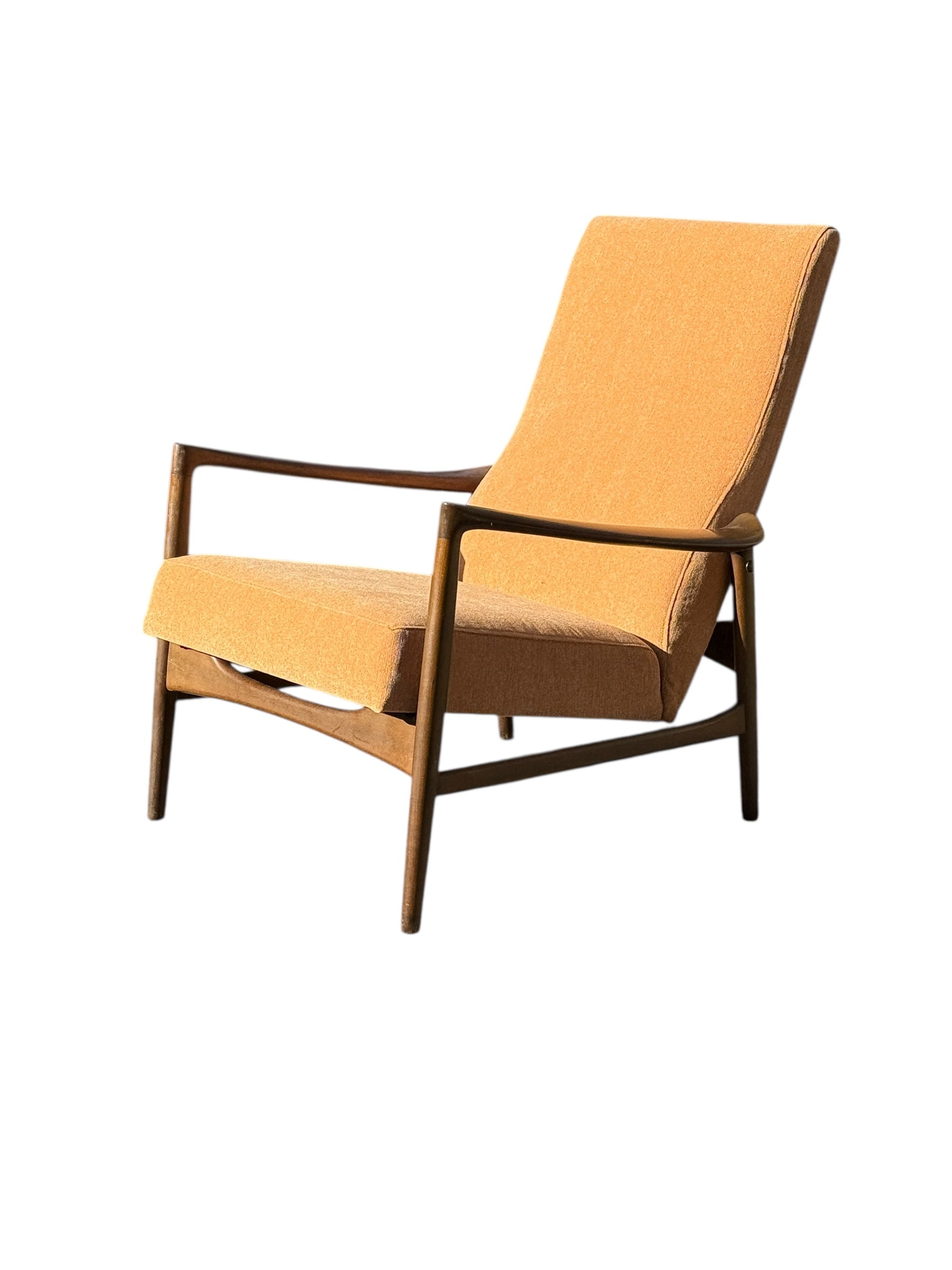 Mid Century Danish Modern Recliner by IB Kofod Larsen in Walnut – Newly Upholstered Lounge Chair