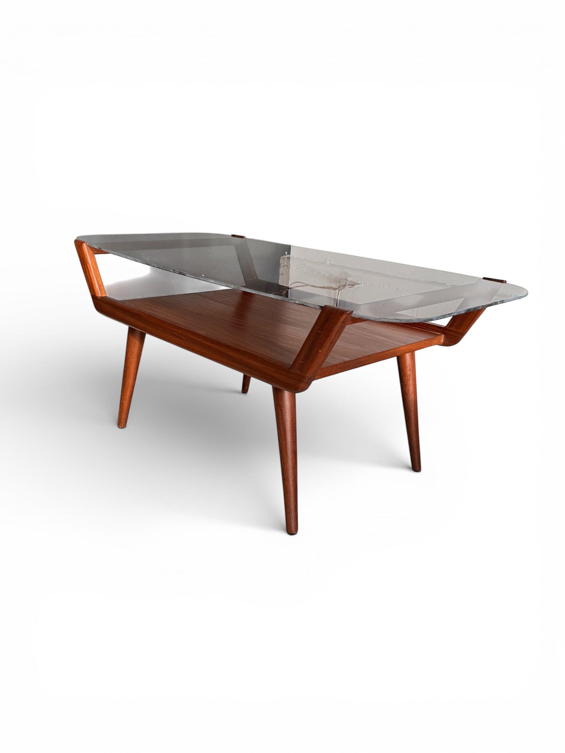 Mid-Century Scandinavian Walnut Coffee Table with Smoked Glass Top