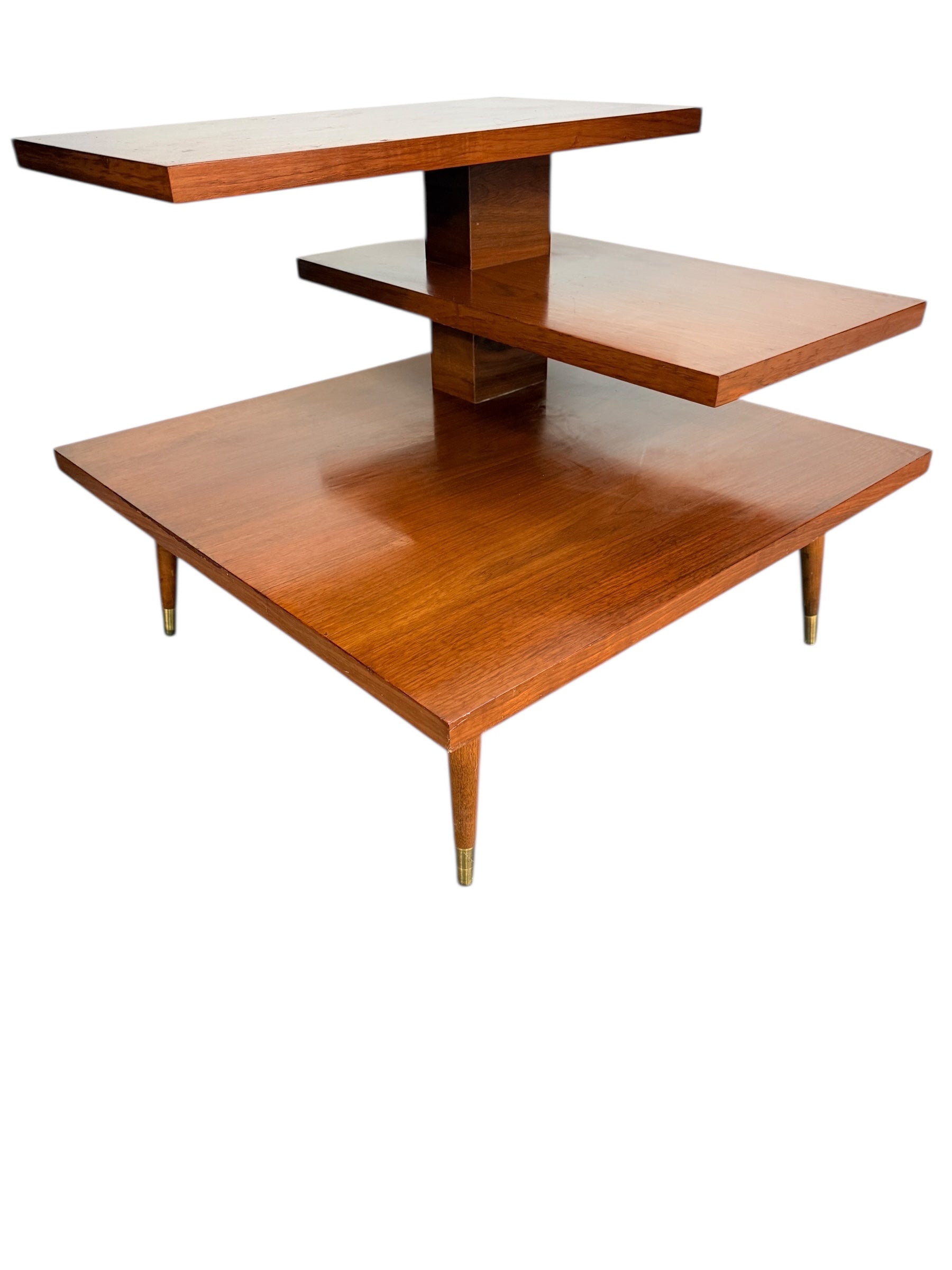 Mid Century Modern Walnut 3-Tier Side Table with Brass Tapered Legs image 7