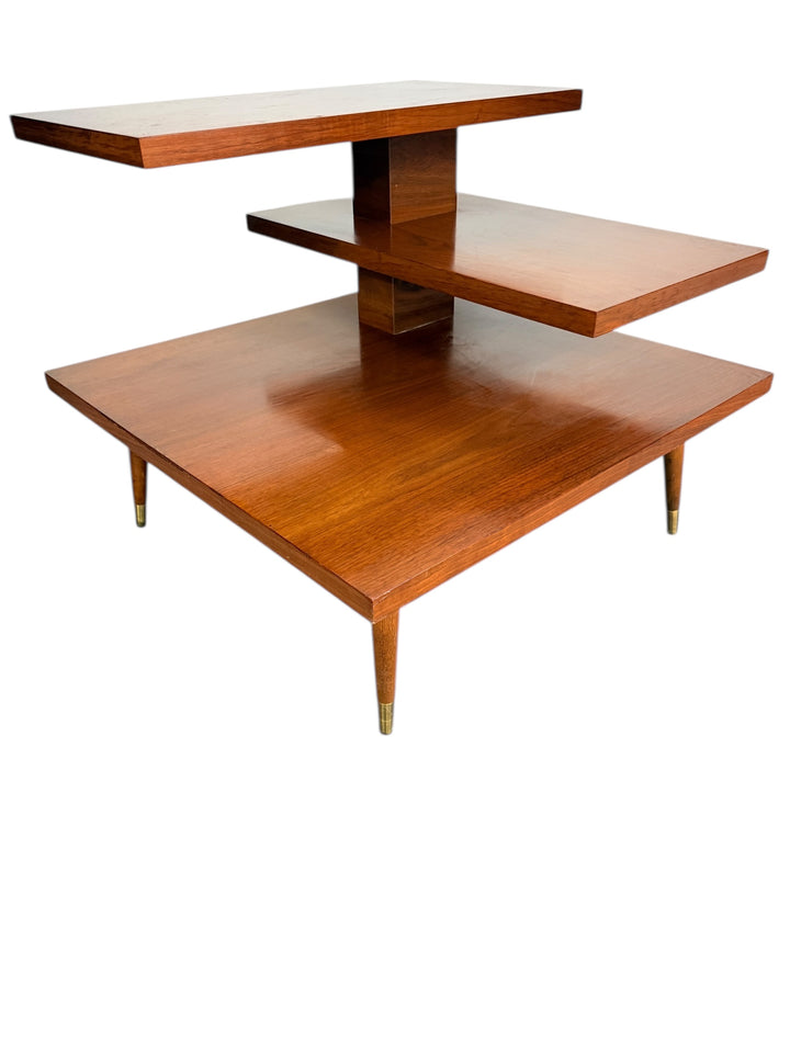 Mid Century Modern Walnut 3-Tier Side Table with Brass Tapered Legs image 7