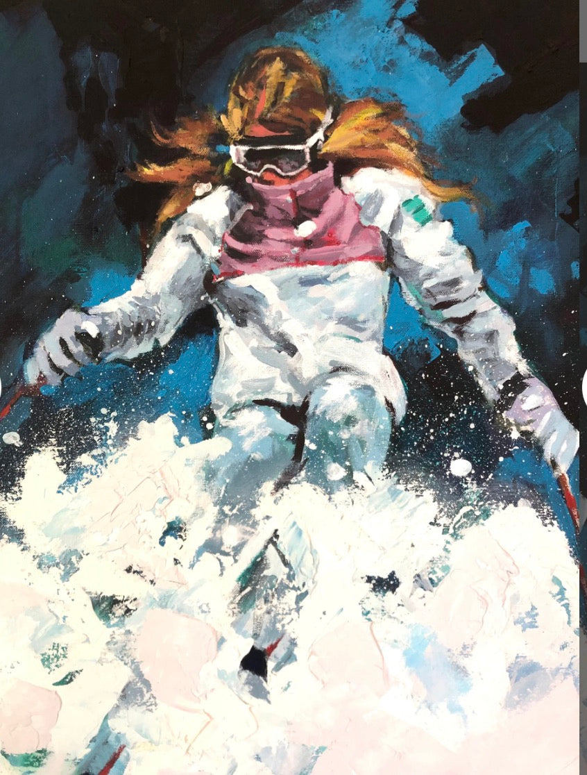 Abstract Painting Women Skiing Signed by Artist image 1
