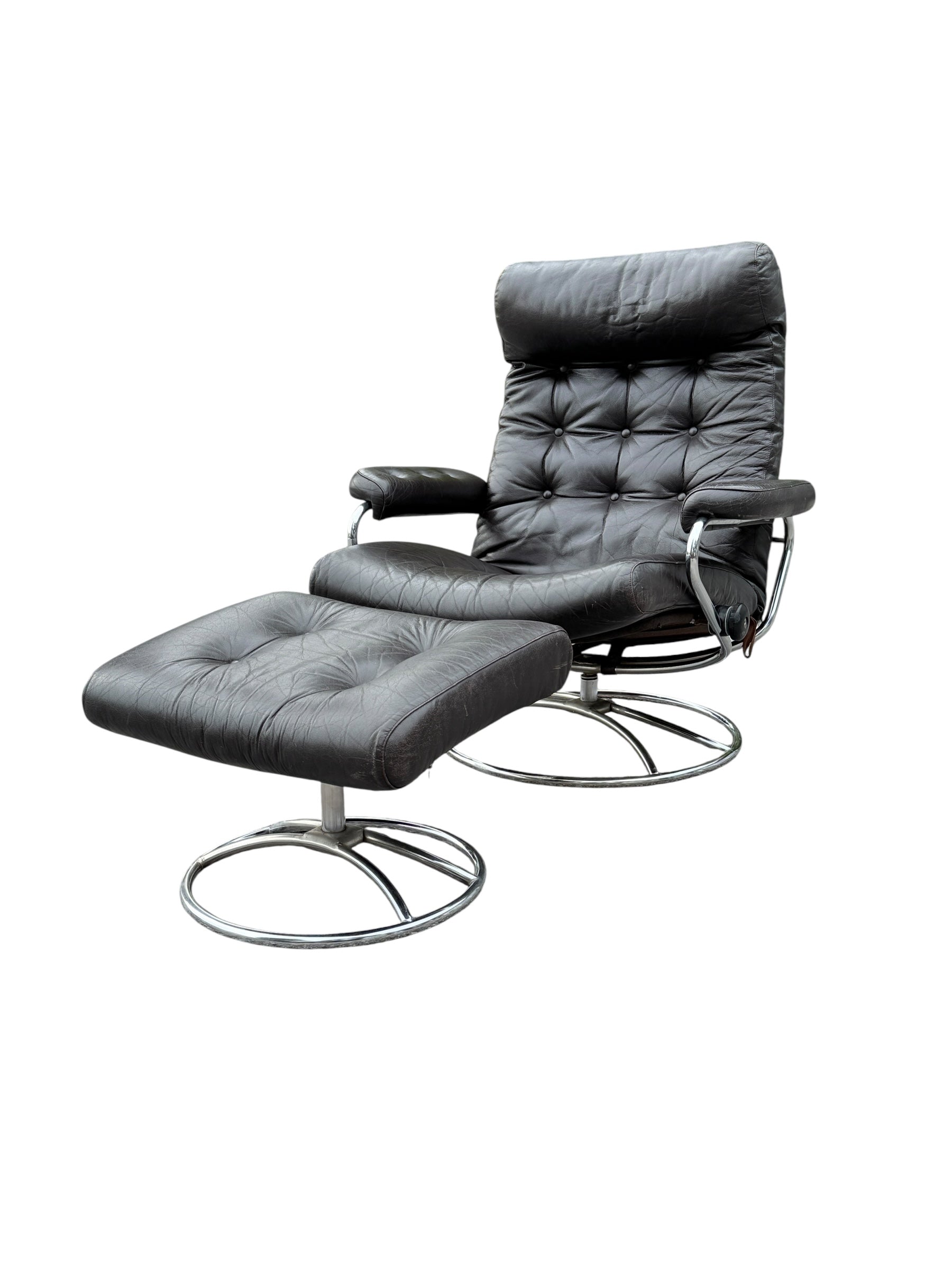 Vintage Ekornes Stressless Recliner & Ottoman – Mid Century Modern Chrome Base image 0