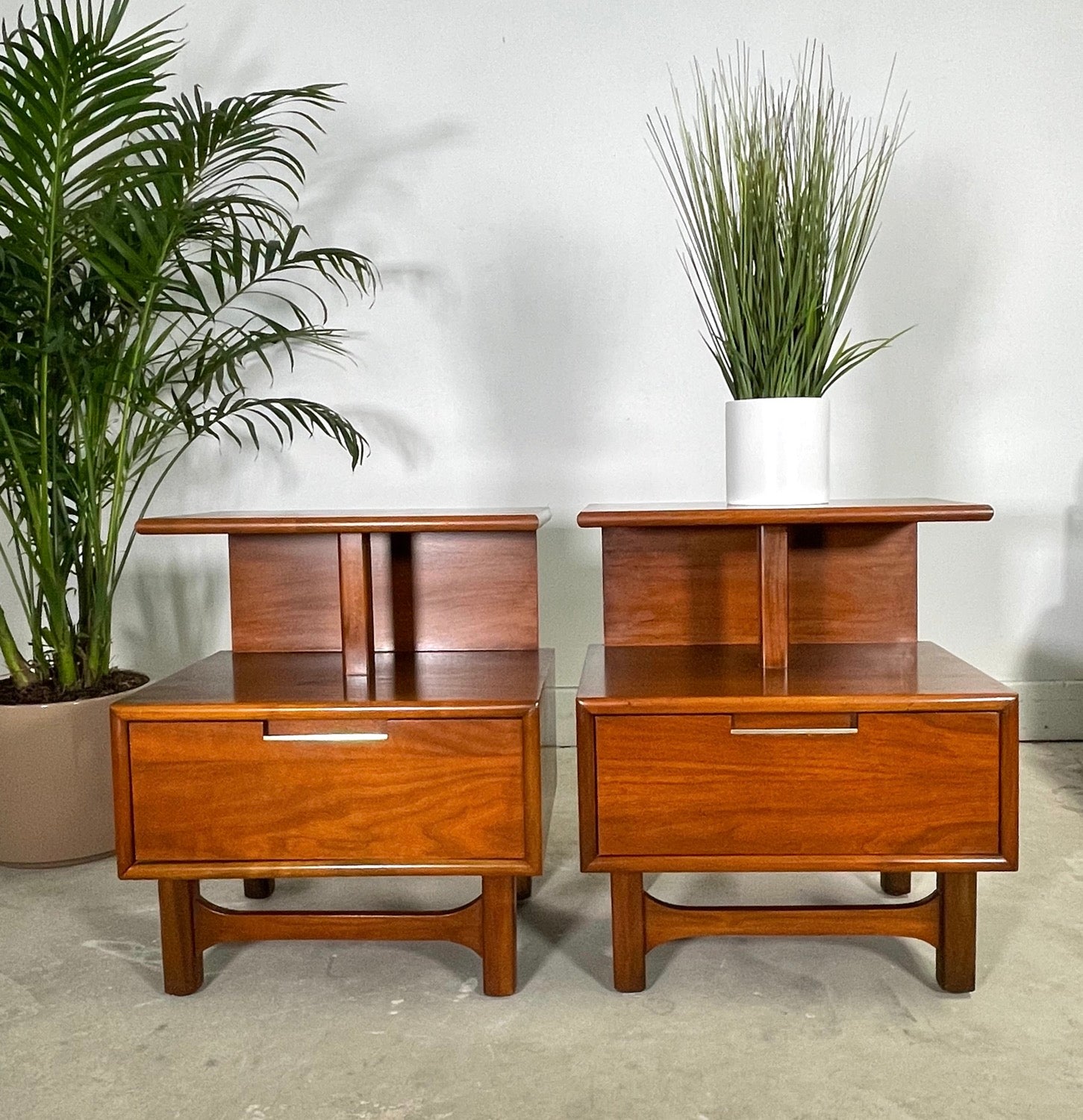 Pair Mid-Century Modern Two Tier Walnut Nightstands  image 1