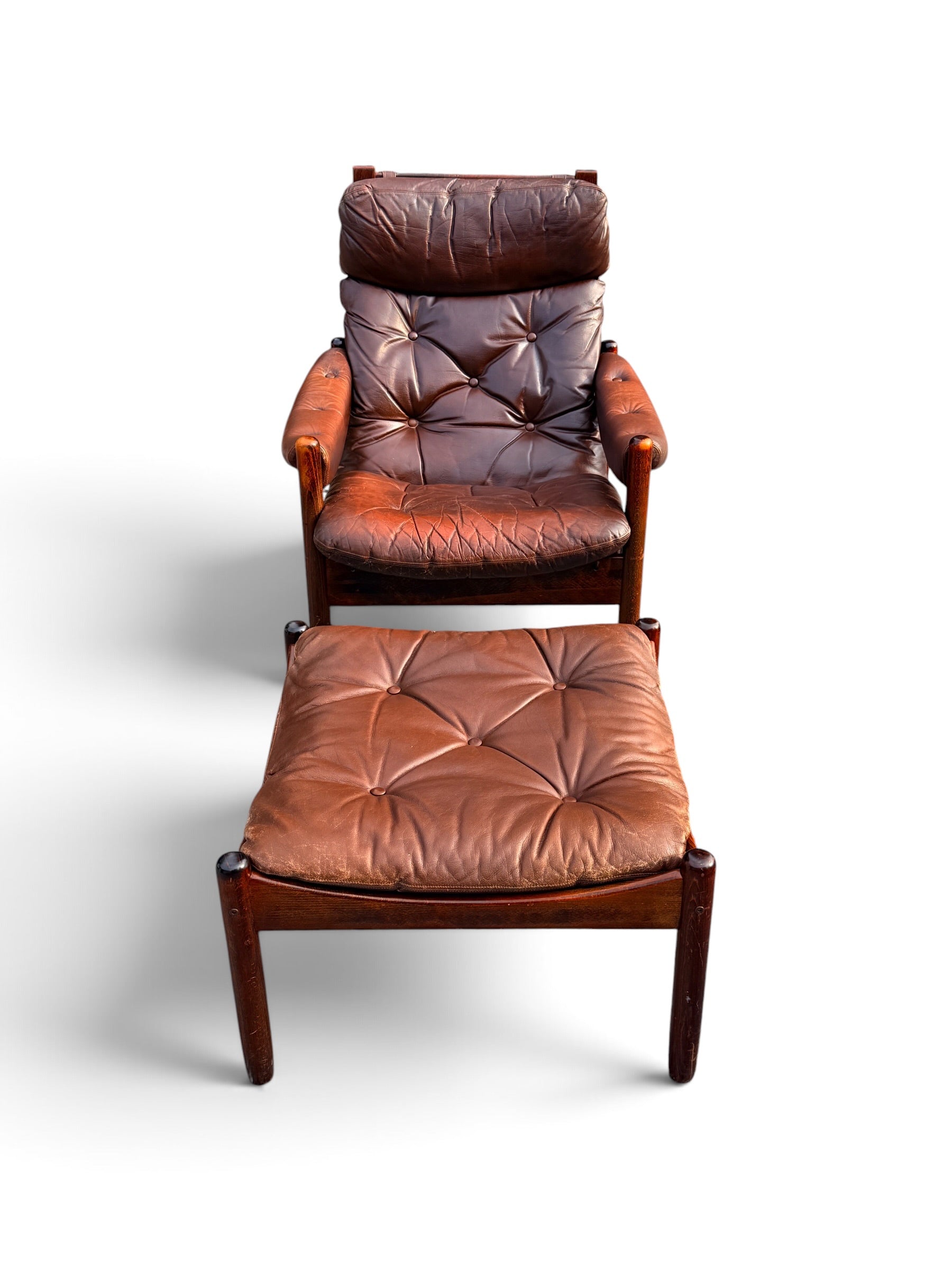 Pair of J.M. Birking Danish Modern Rosewood & Leather Reclining Lounge Chairs with Ottomans, c. 1970