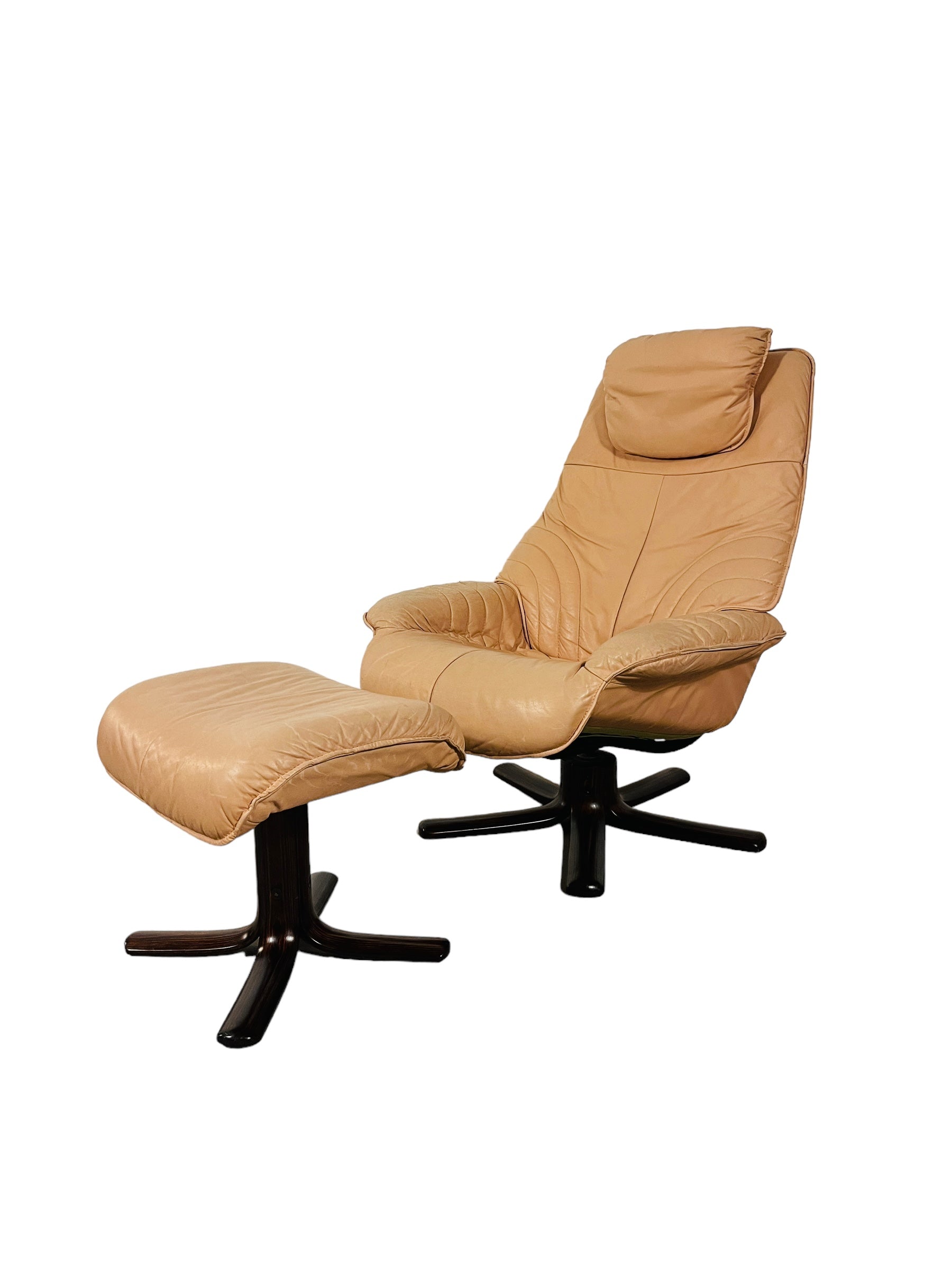 Vintage Champagne Leather Lounge Chair & Ottoman by Hjellegjerde Made in Norway image 0