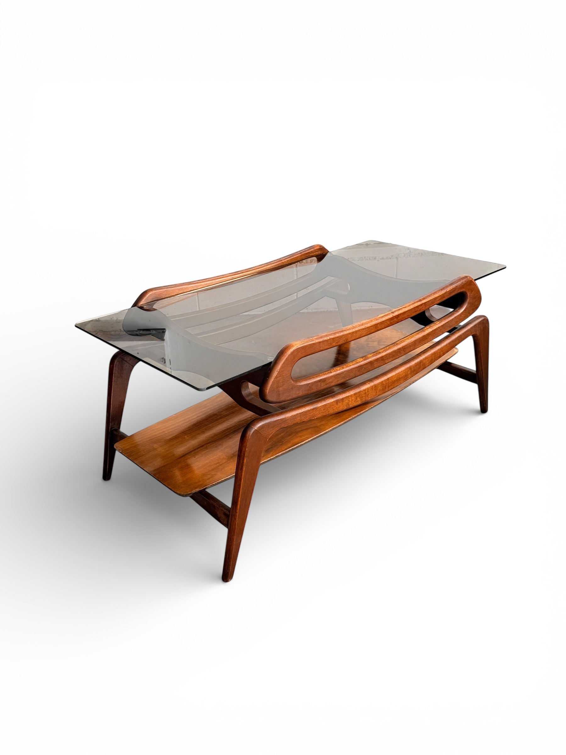 Mid Century Scandinavian Walnut Coffee Table with Smoked Glass Top