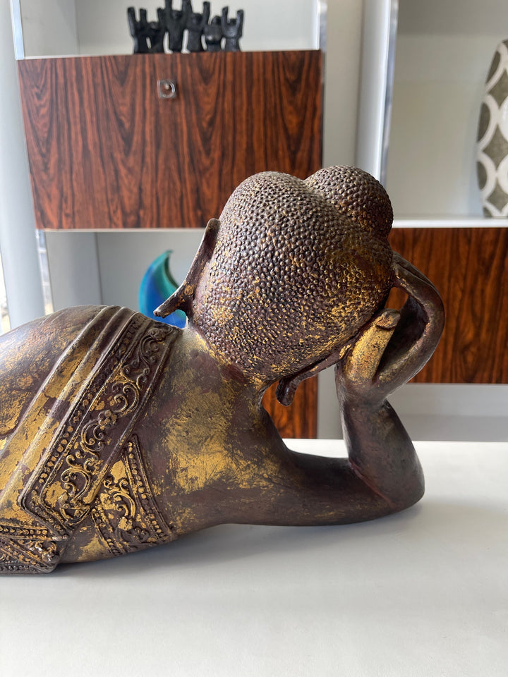 Vintage Serenity: Reclining Buddha Sculpture with Intricate Detailing image 5