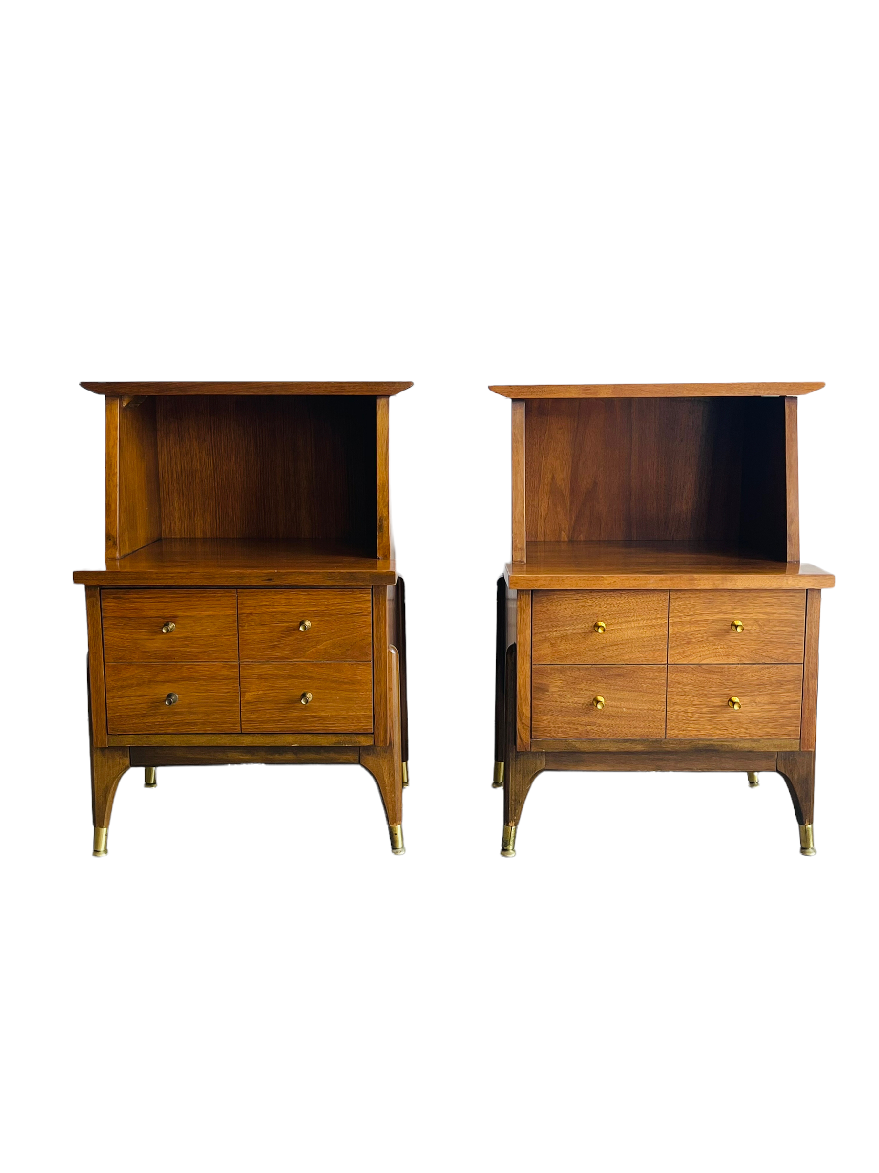 Pair Mid Century Modern Walnut Two Tiered Nightstands  image 1