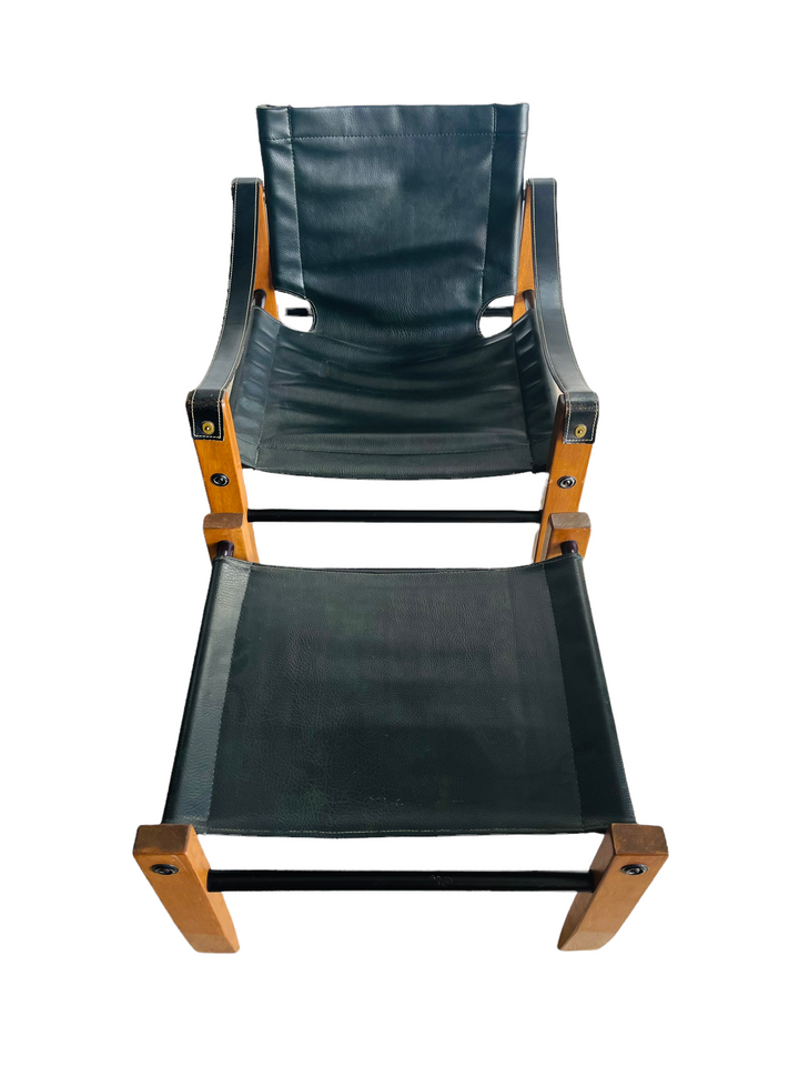 Mid-Century Modern Saddle Stitch Leather Safari Sling Chair & Ottoman  image 3