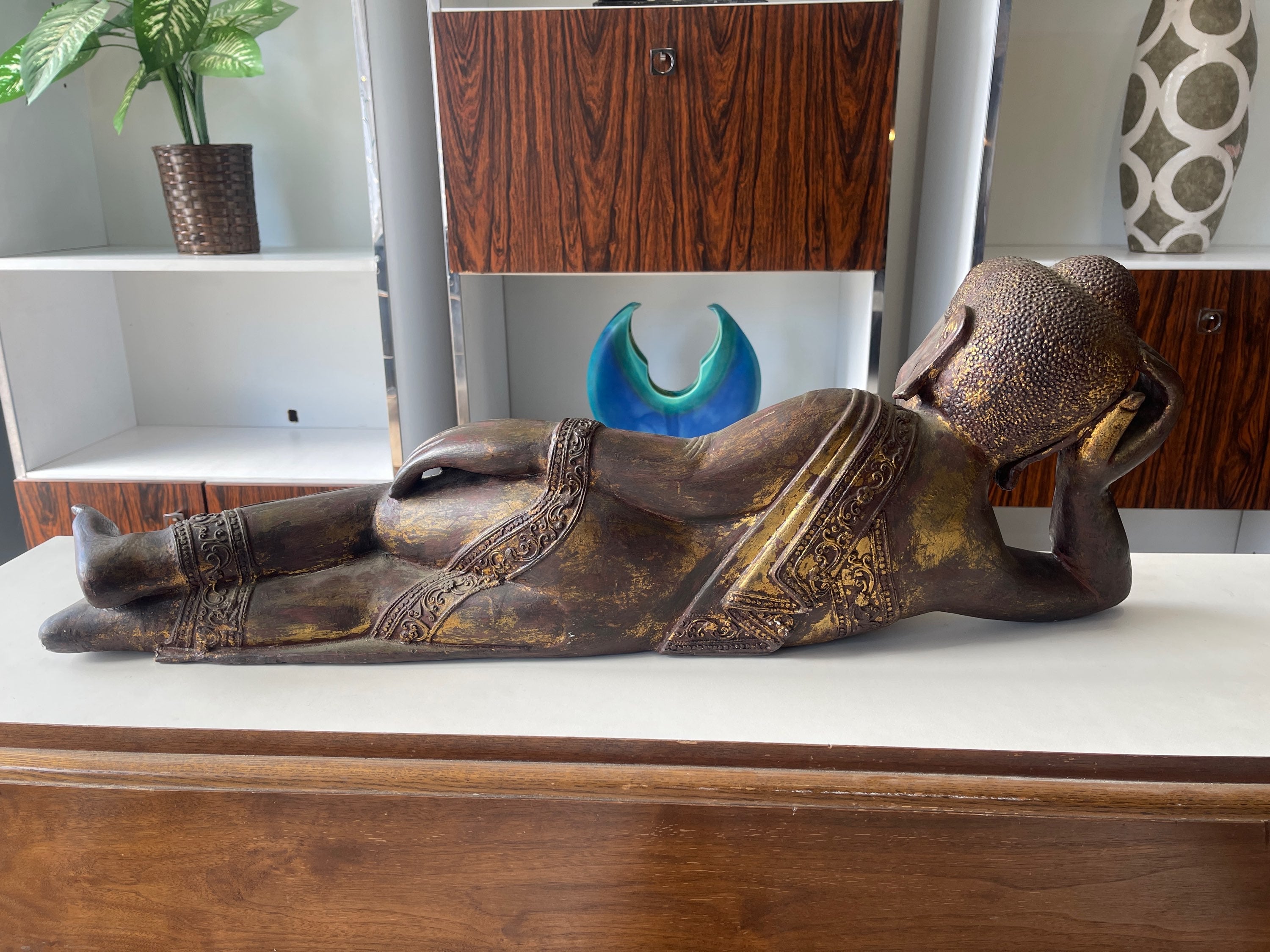 Vintage Serenity: Reclining Buddha Sculpture with Intricate Detailing image 4