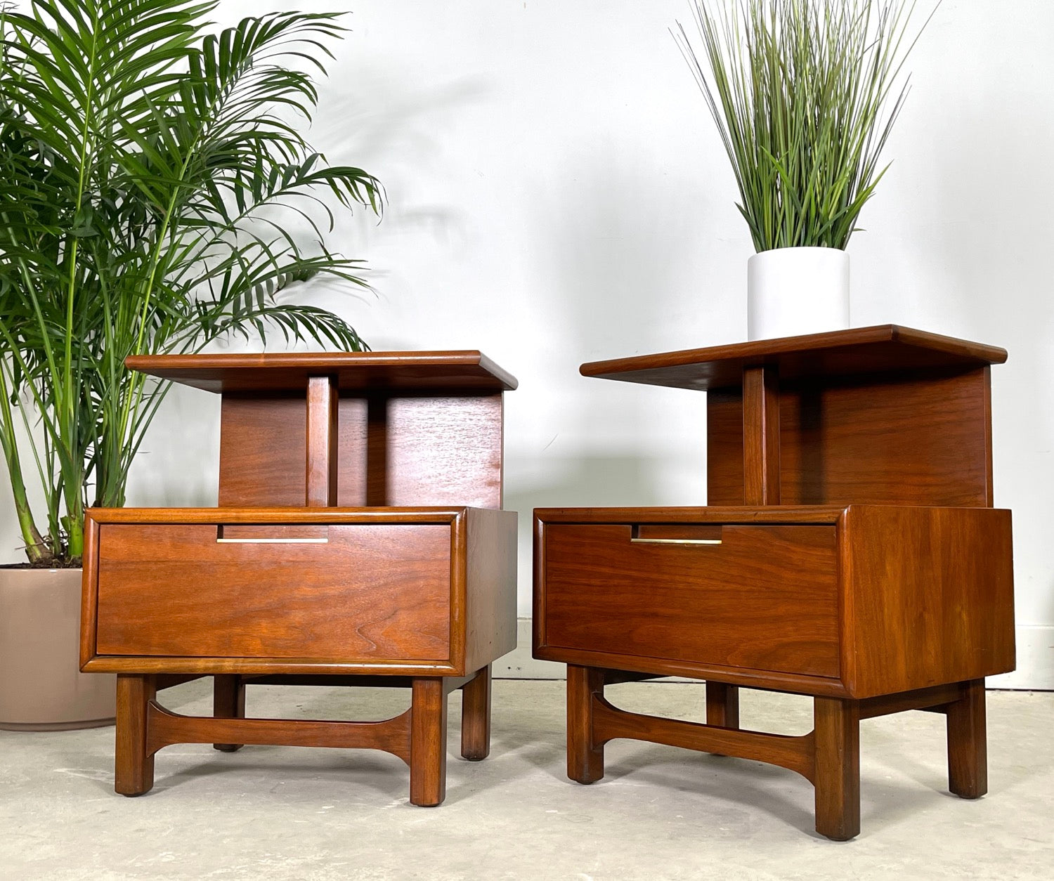 Pair Mid-Century Modern Two Tier Walnut Nightstands  image 0