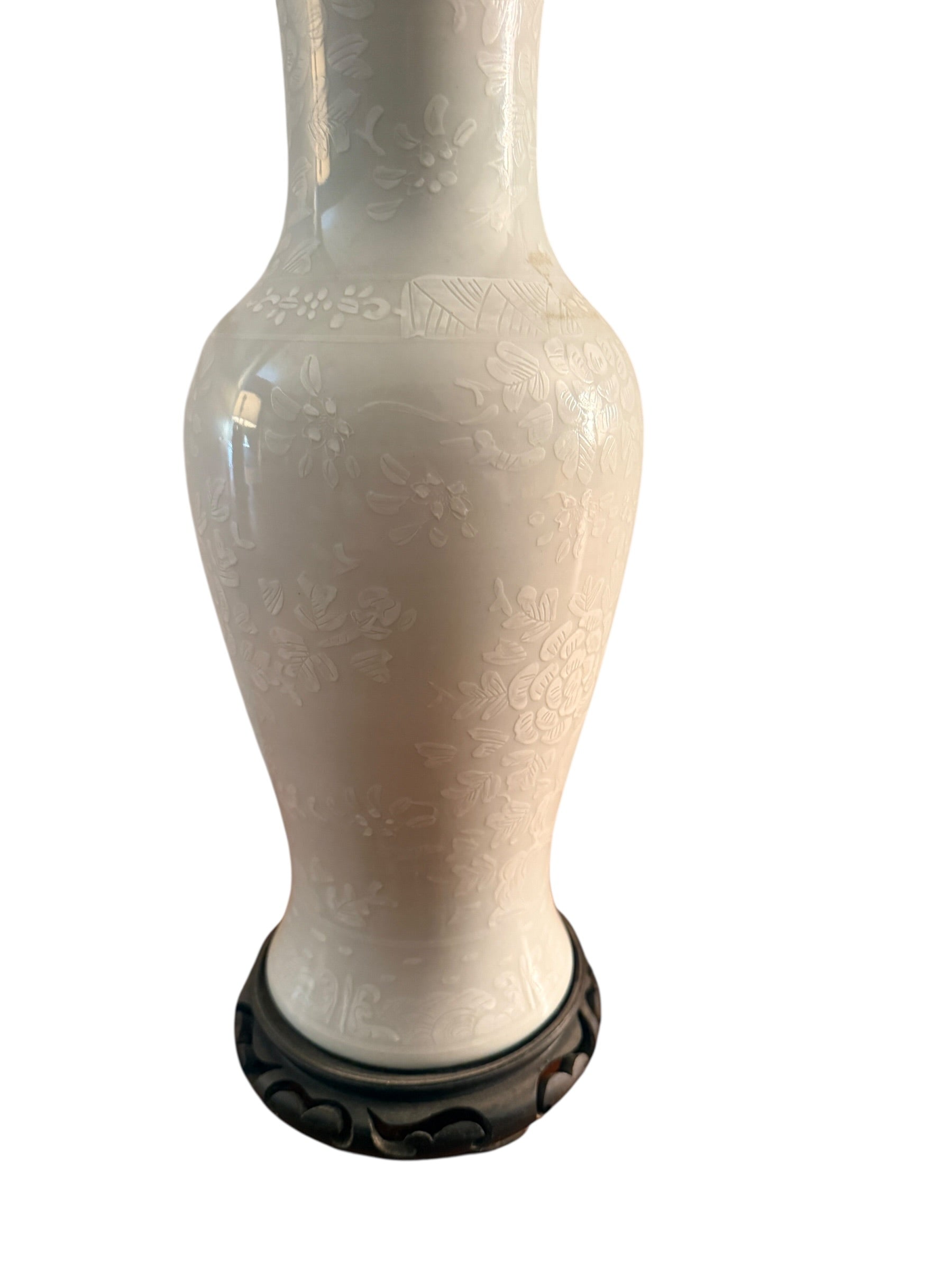 Pair of Vintage Porcelain Table Lamps with Asian Floral Motif and Carved Wood Bases