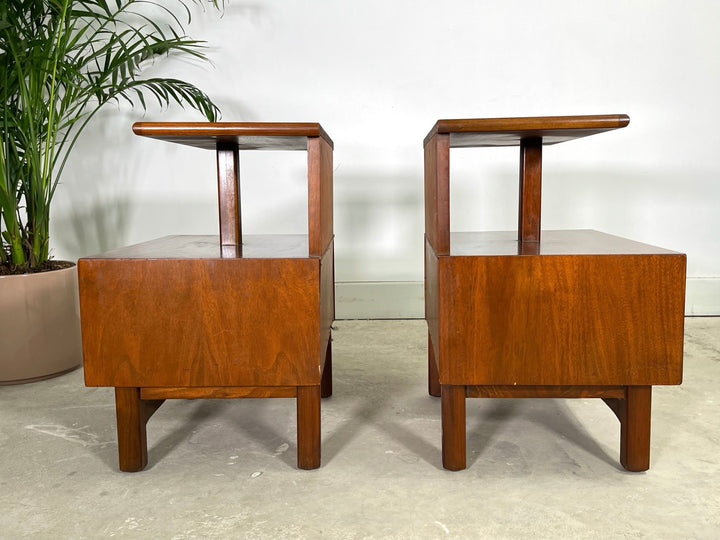 Pair Mid-Century Modern Two Tier Walnut Nightstands  image 5