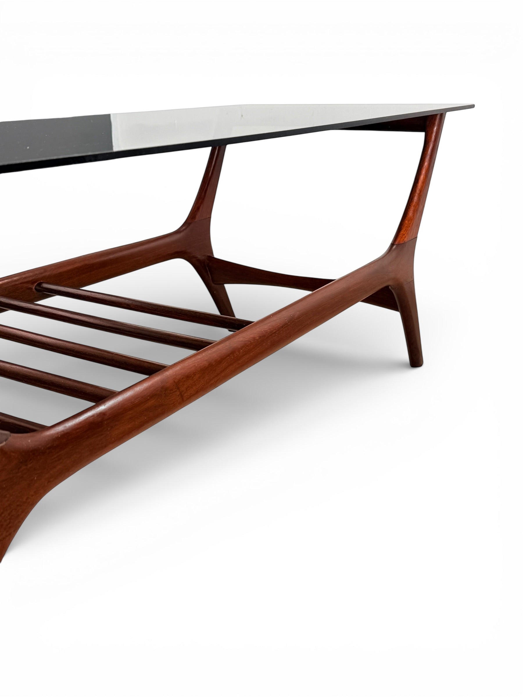 Mid-Century Scandinavian Walnut Sculptural Coffee Table with Smoked Glass Top