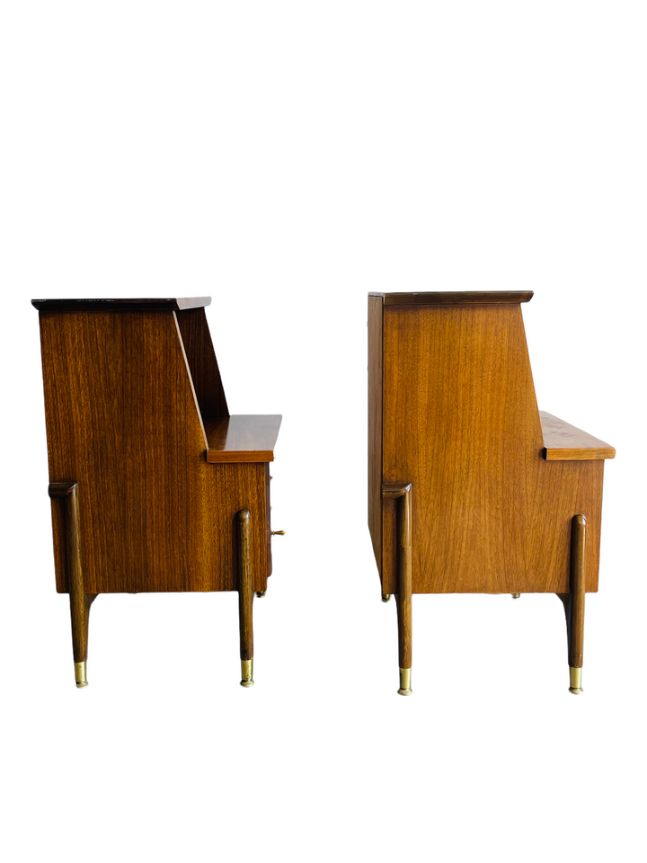 Pair Mid Century Modern Walnut Two Tiered Nightstands  image 4