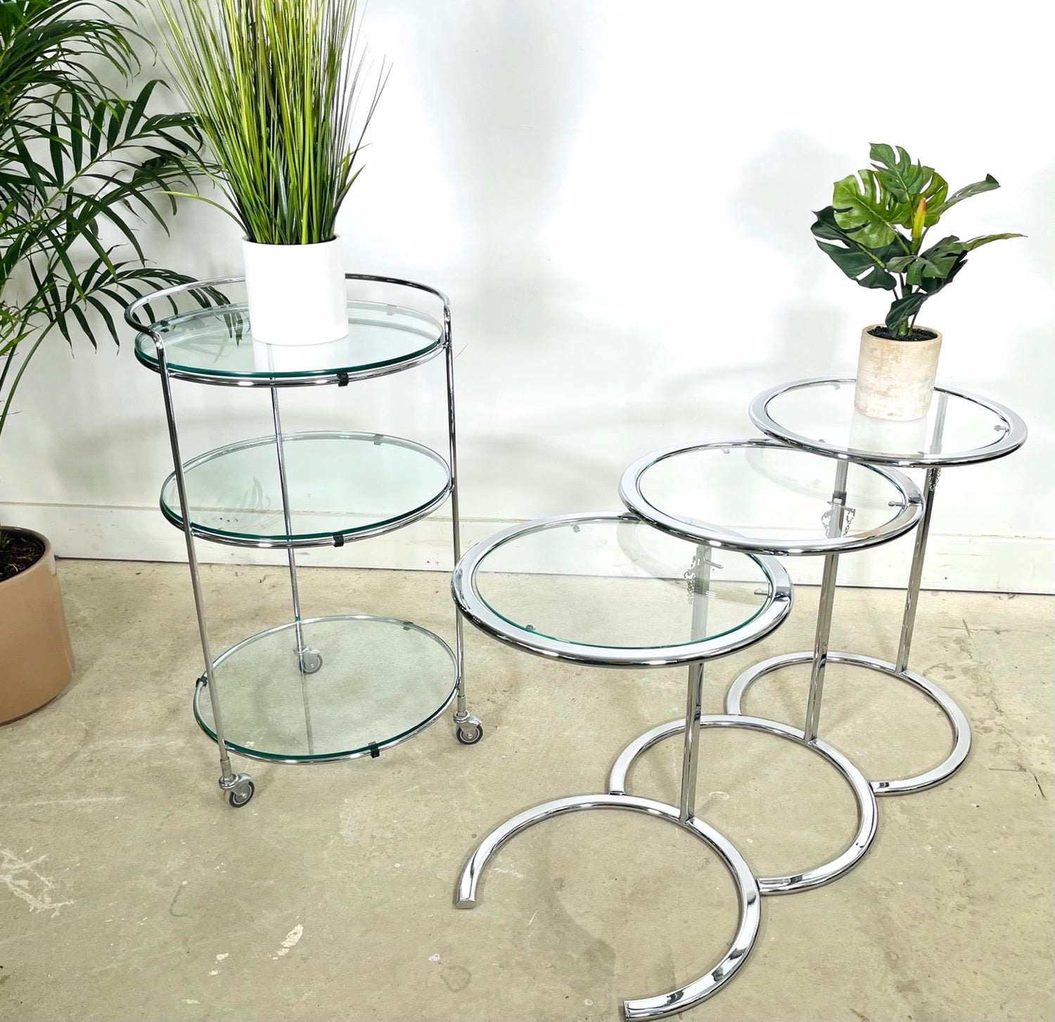 Set 4 Chrome & Glass Bar Cart & Nesting Table Eileen Gray Style image 0