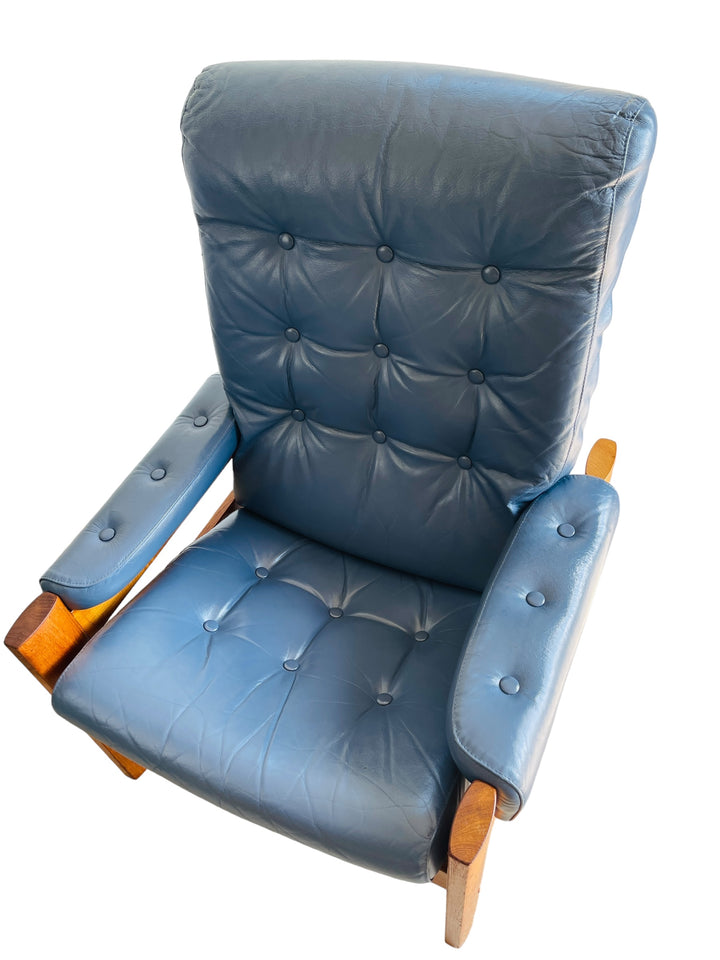 Vintage Teak Ekornes Blue Leather Lounge Chair  image 10