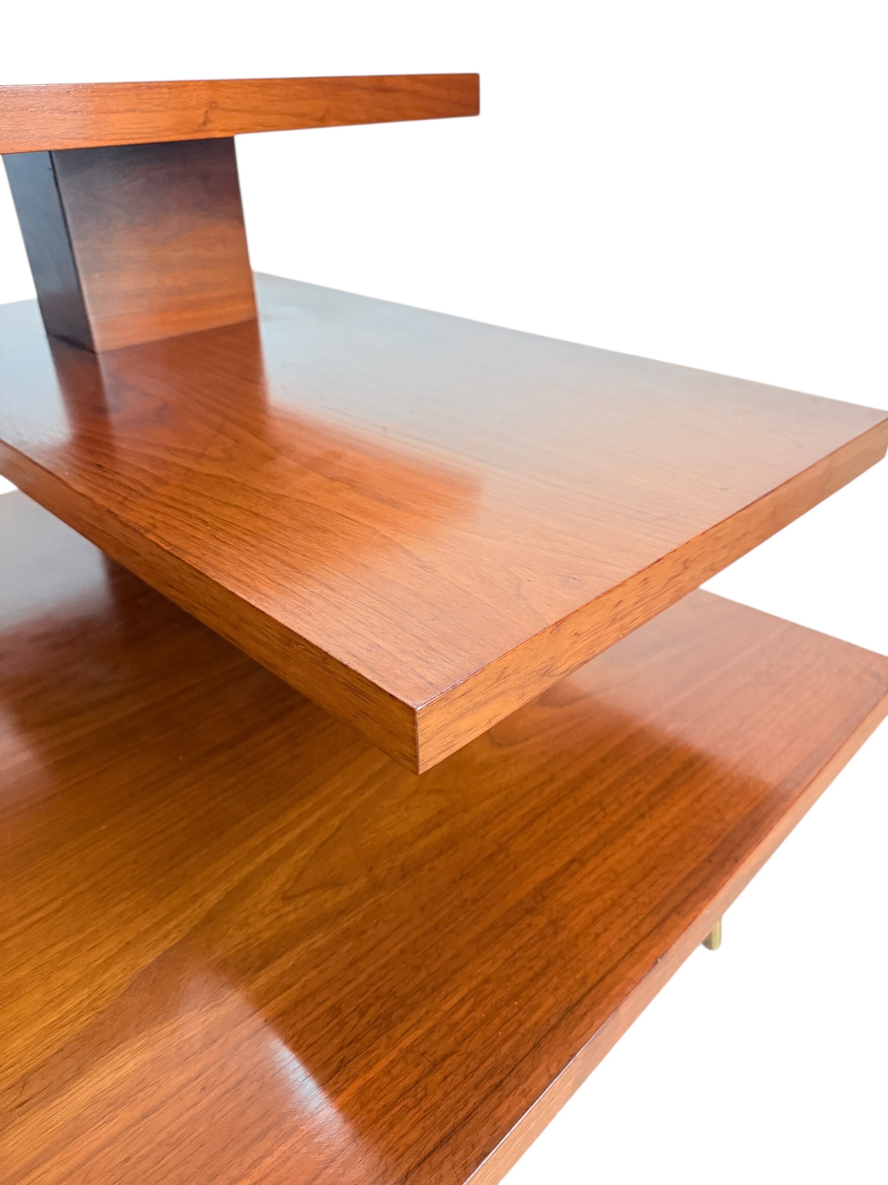 Mid Century Modern Walnut 3-Tier Side Table with Brass Tapered Legs image 6