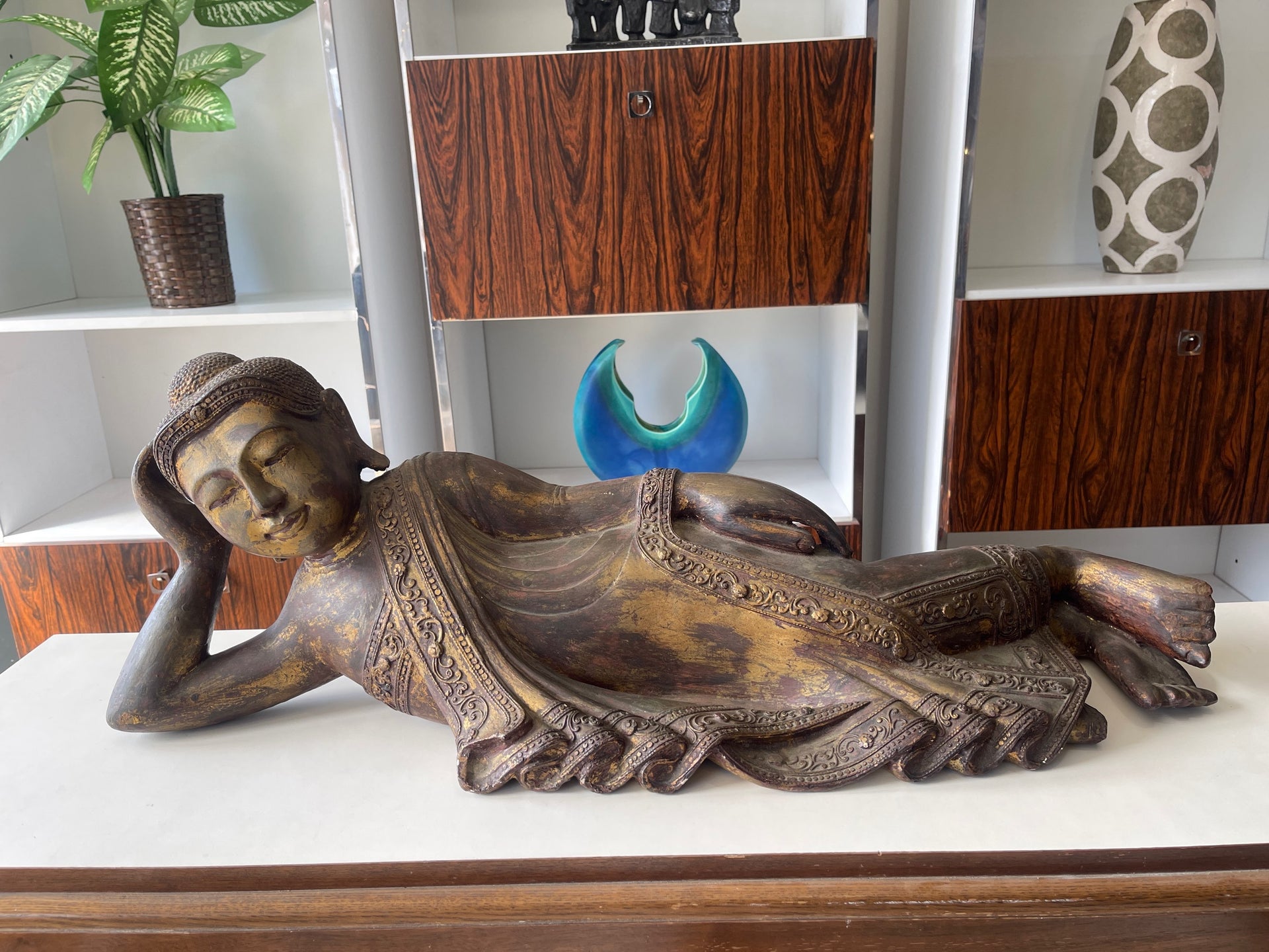 Vintage Serenity: Reclining Buddha Sculpture with Intricate Detailing image 0