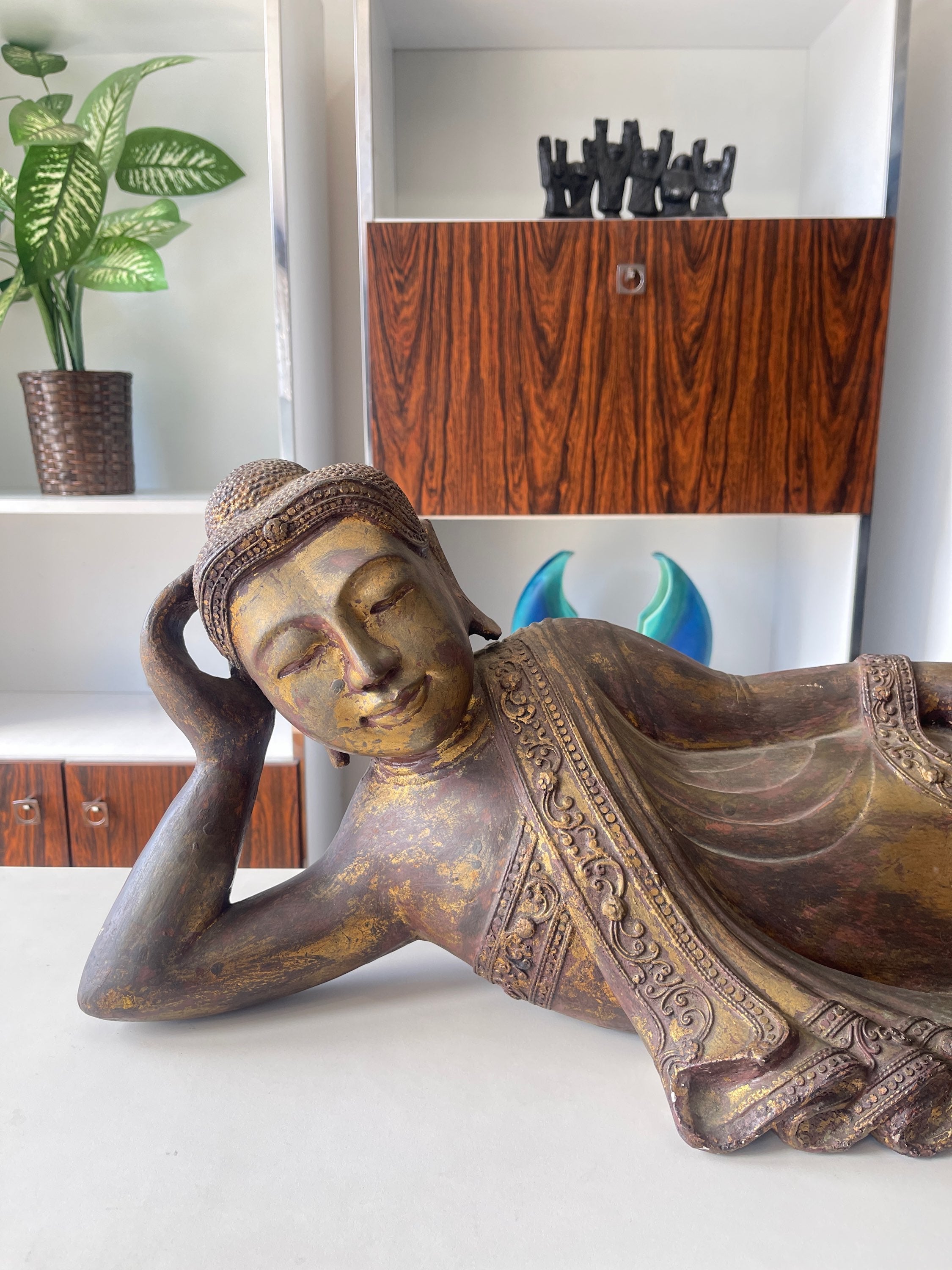 Vintage Serenity: Reclining Buddha Sculpture with Intricate Detailing image 1