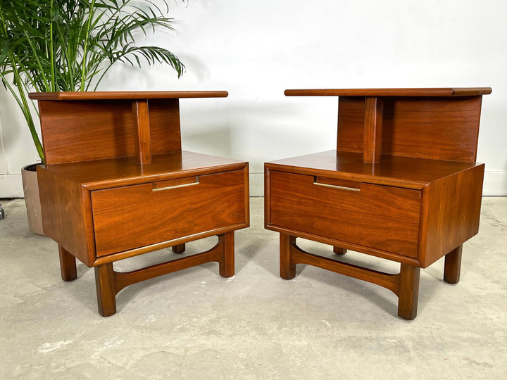 Pair Mid-Century Modern Two Tier Walnut Nightstands  image 2