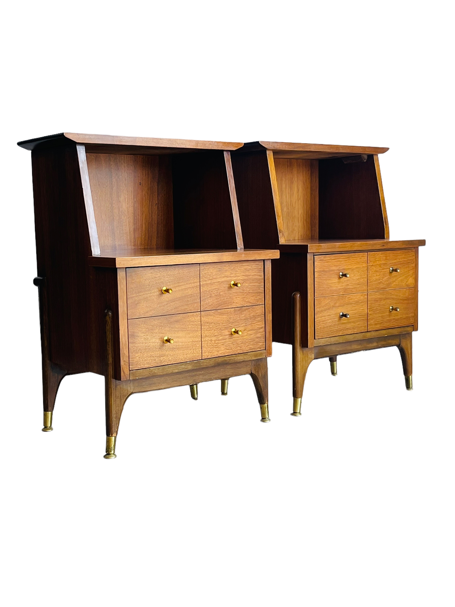 Pair Mid Century Modern Walnut Two Tiered Nightstands  image 0
