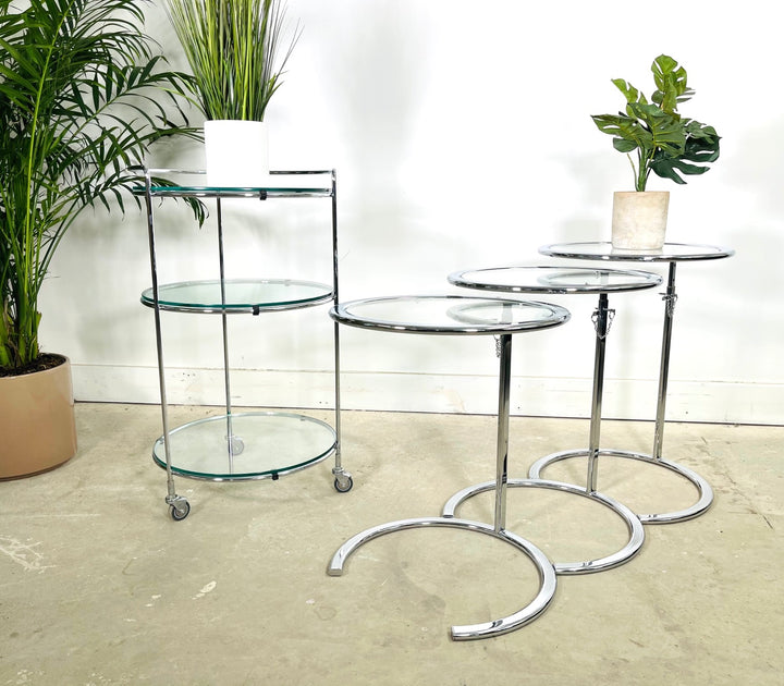 Set 4 Chrome & Glass Bar Cart & Nesting Table Eileen Gray Style image 1