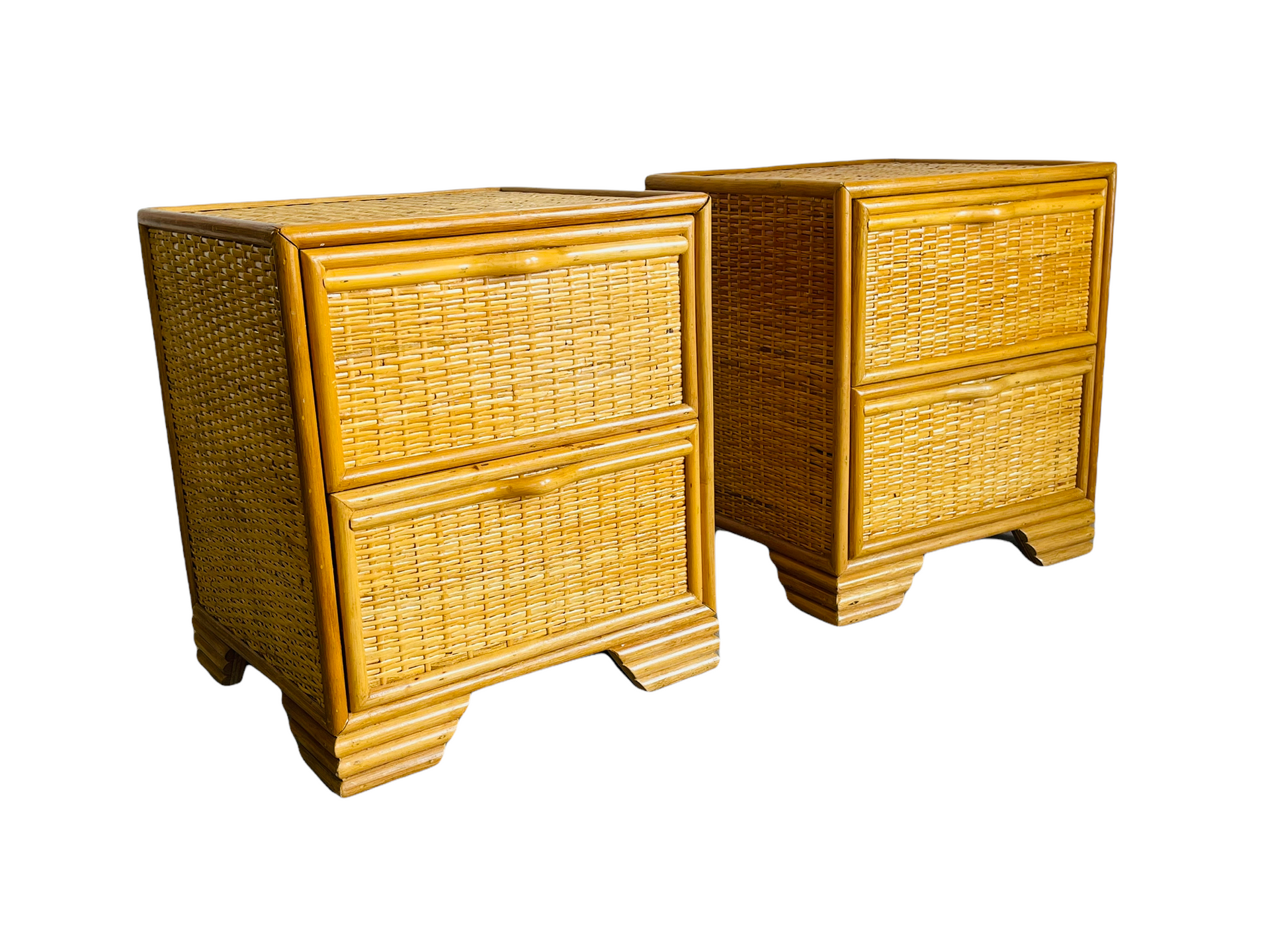 1970s Pair Spanish Lace Wicker & Bamboo Two Drawer Nightstands  image 0