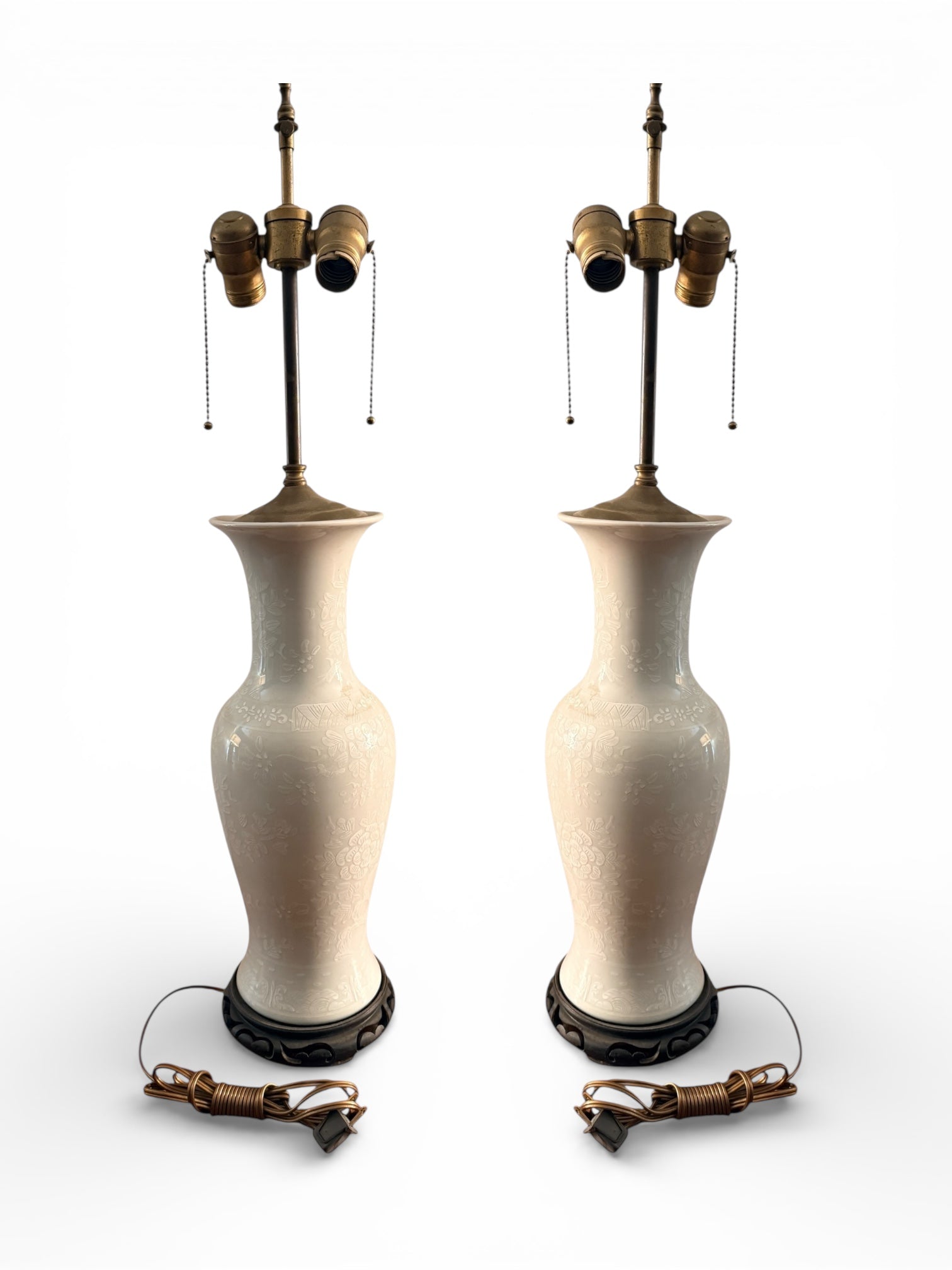 Pair of Vintage Porcelain Table Lamps with Asian Floral Motif and Carved Wood Bases