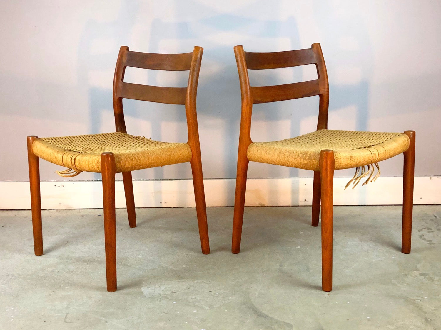 Pair MCM Danish Teak J.L. Møller Model 84 Chairs With Woven Seat image 0