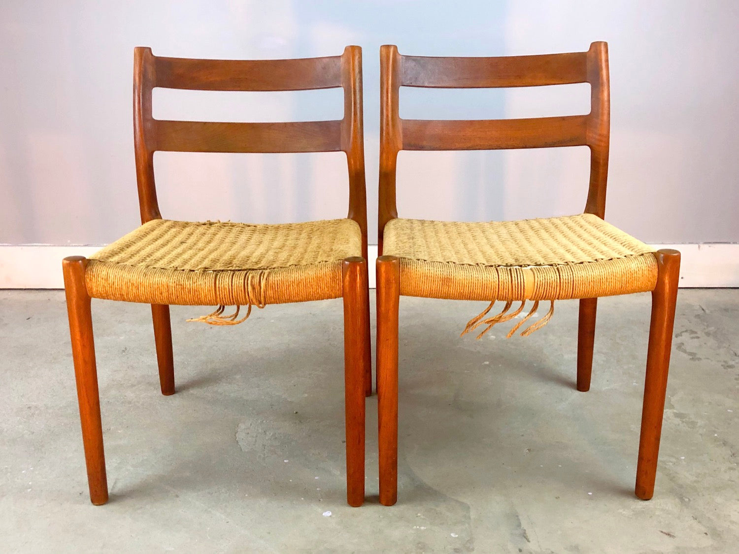Pair MCM Danish Teak J.L. Møller Model 84 Chairs With Woven Seat image 1