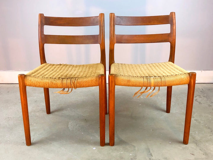 Pair MCM Danish Teak J.L. Møller Model 84 Chairs With Woven Seat image 1