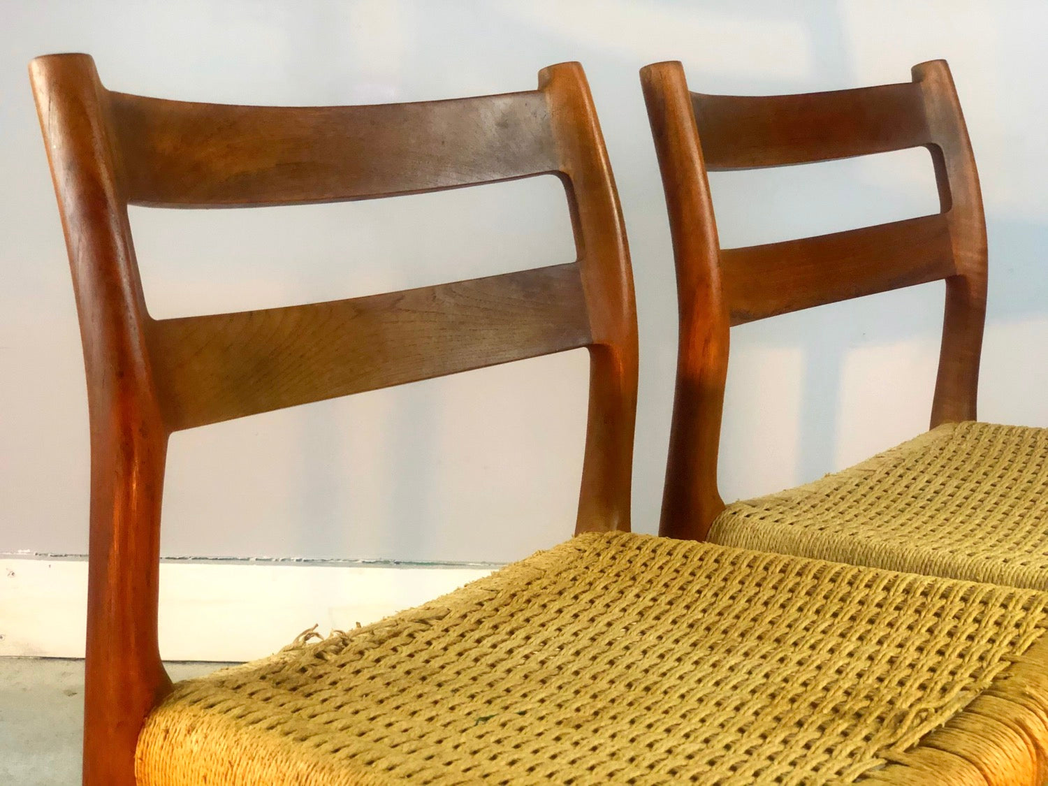 Pair MCM Danish Teak J.L. Møller Model 84 Chairs With Woven Seat image 6