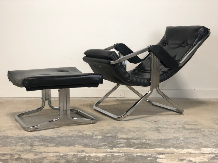 Mid Century Leather & Chrome Gravity Lounge Chair With Ottoman image 0