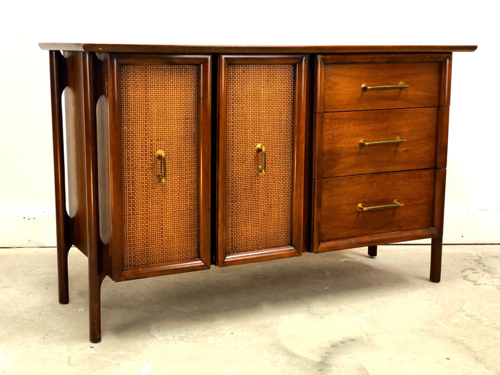 Mid-Century Modern wicker & Walnut Credenza with Sculptured Legs image 0